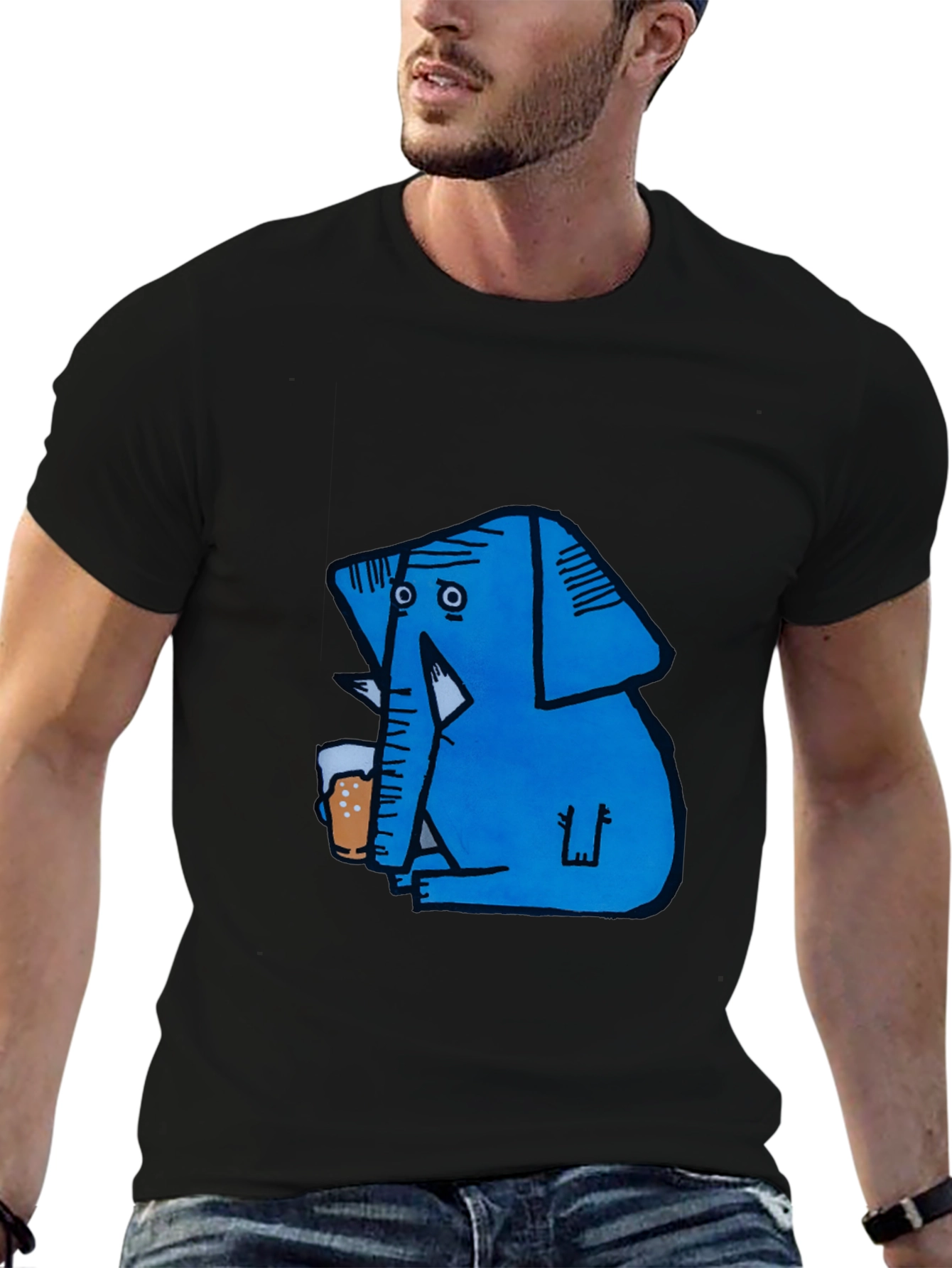 Blue Elephant Drinking Beer Graphic T-Shirt