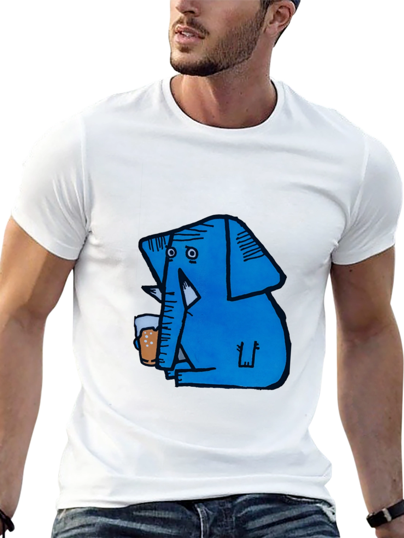 Blue Elephant Drinking Beer Graphic T-Shirt