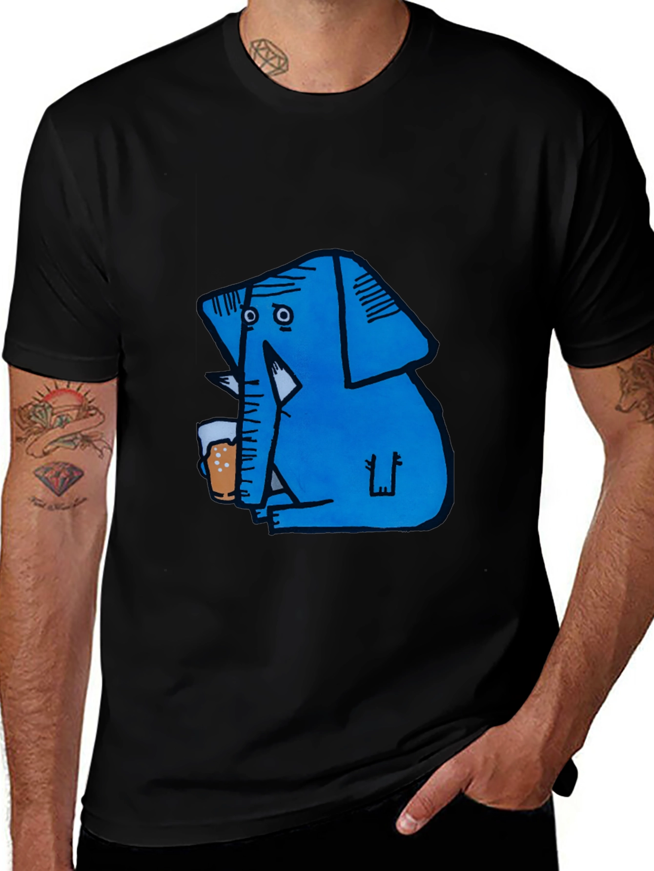 Blue Elephant Drinking Beer Graphic T-Shirt