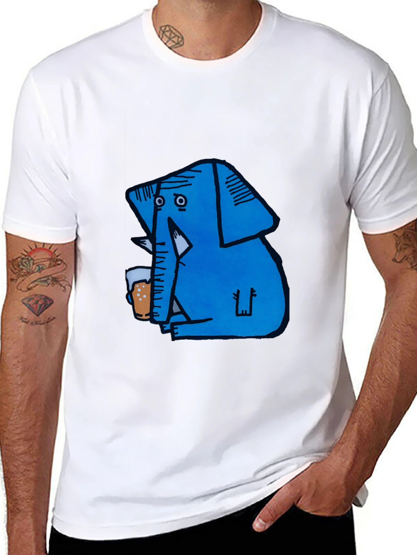 Blue Elephant Drinking Beer Graphic T-Shirt