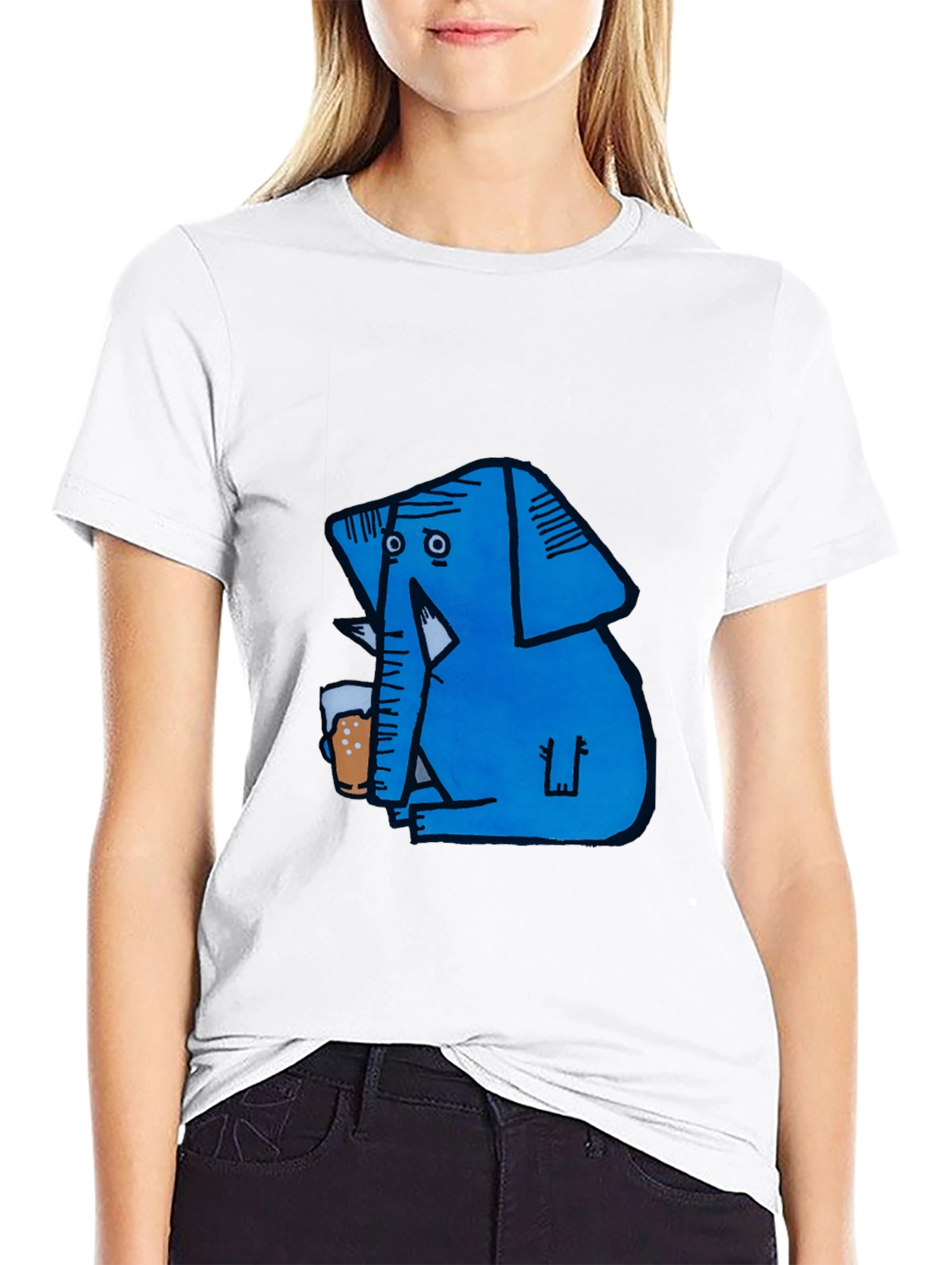 Blue Elephant Drinking Beer Graphic T-Shirt