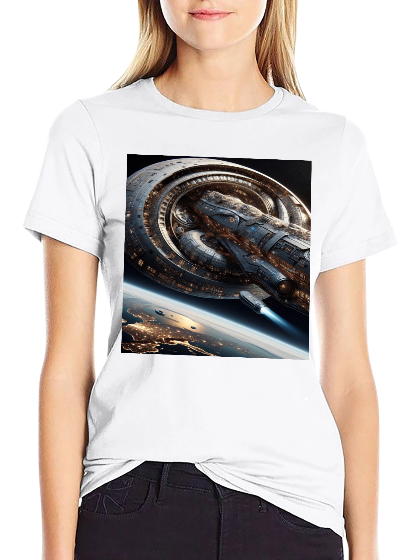 Sci-Fi Spaceship Graphic Black T-Shirt