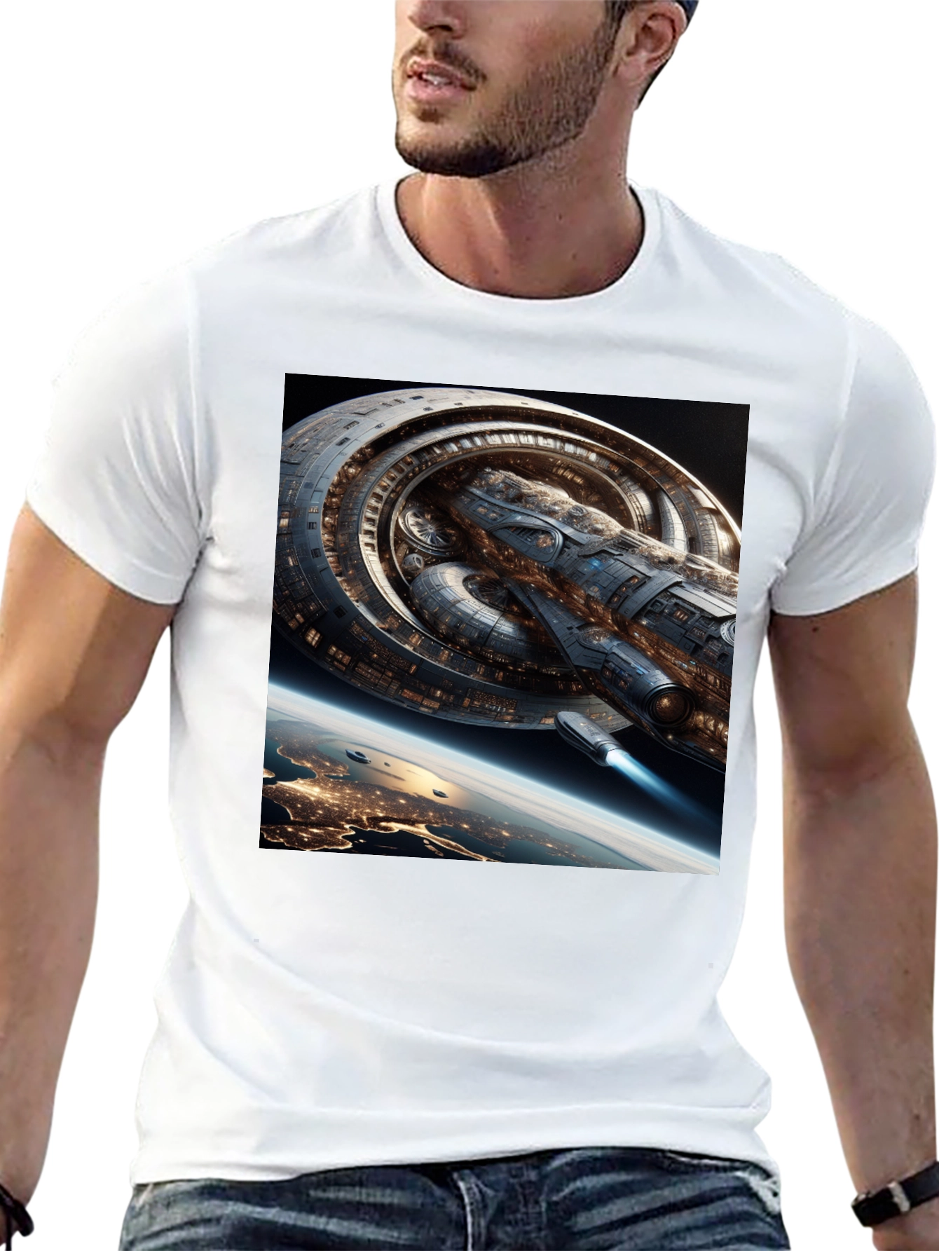 Sci-Fi Spaceship Graphic Black T-Shirt
