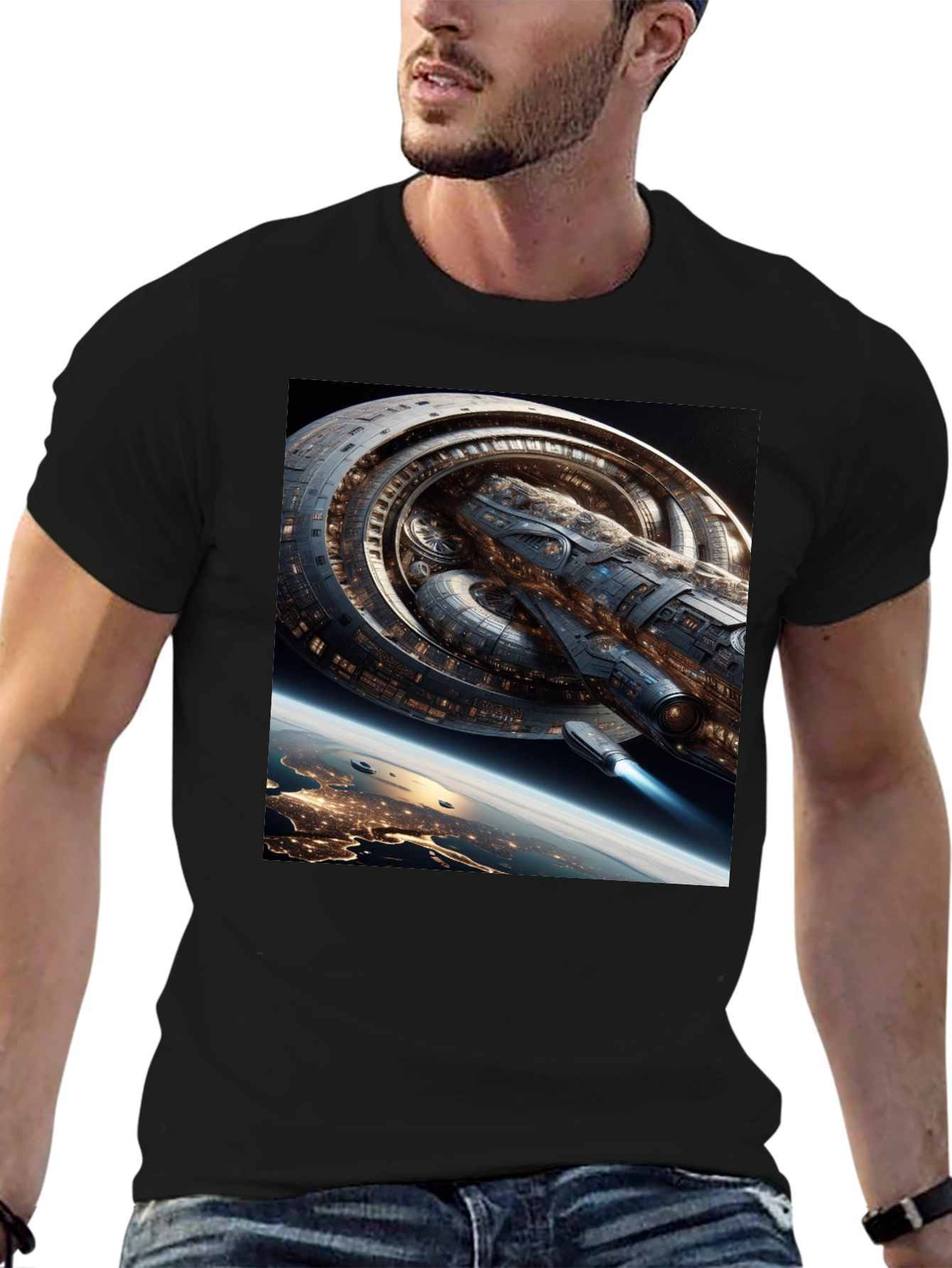 Sci-Fi Spaceship Graphic Black T-Shirt