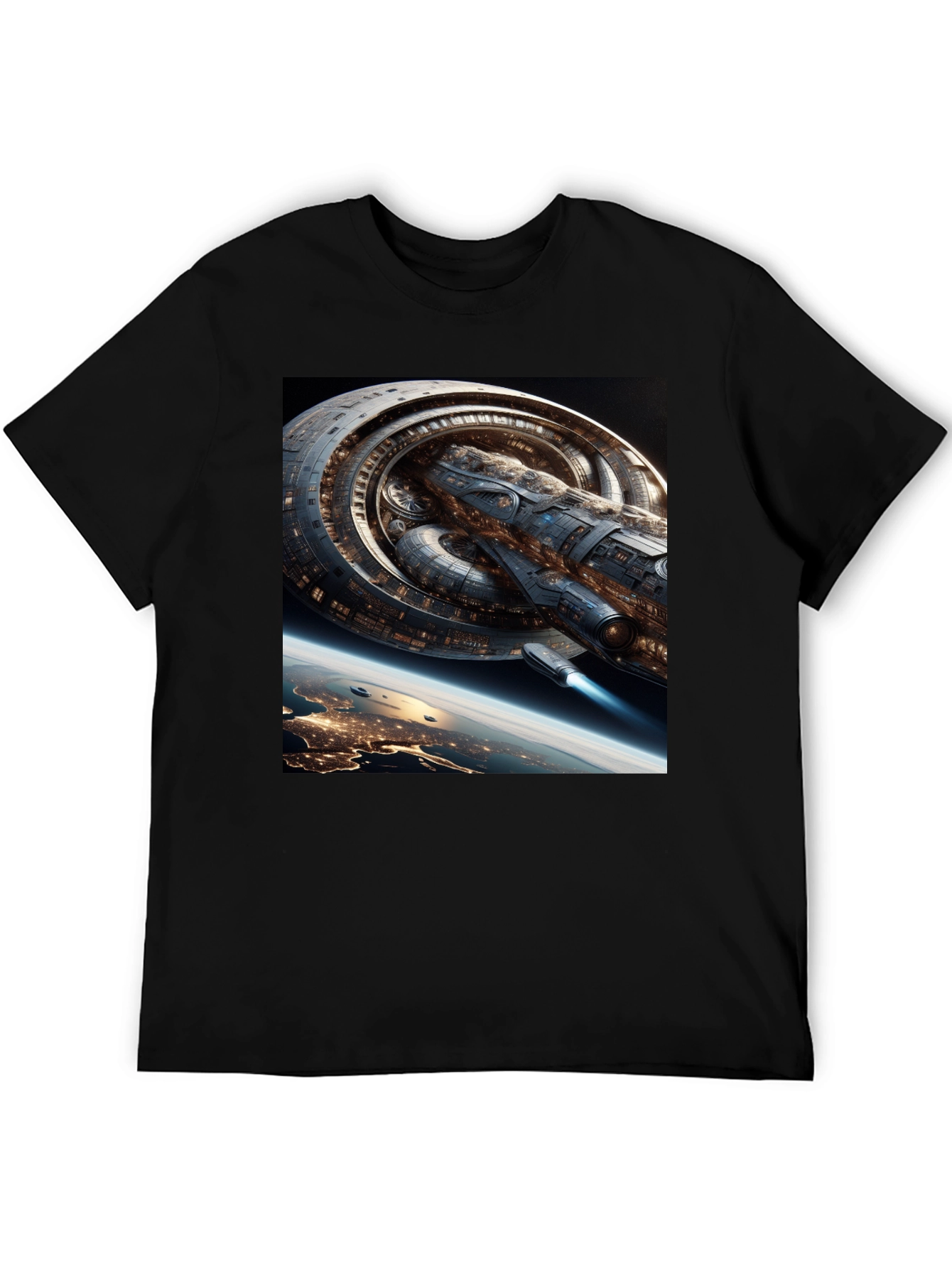 Sci-Fi Spaceship Graphic Black T-Shirt