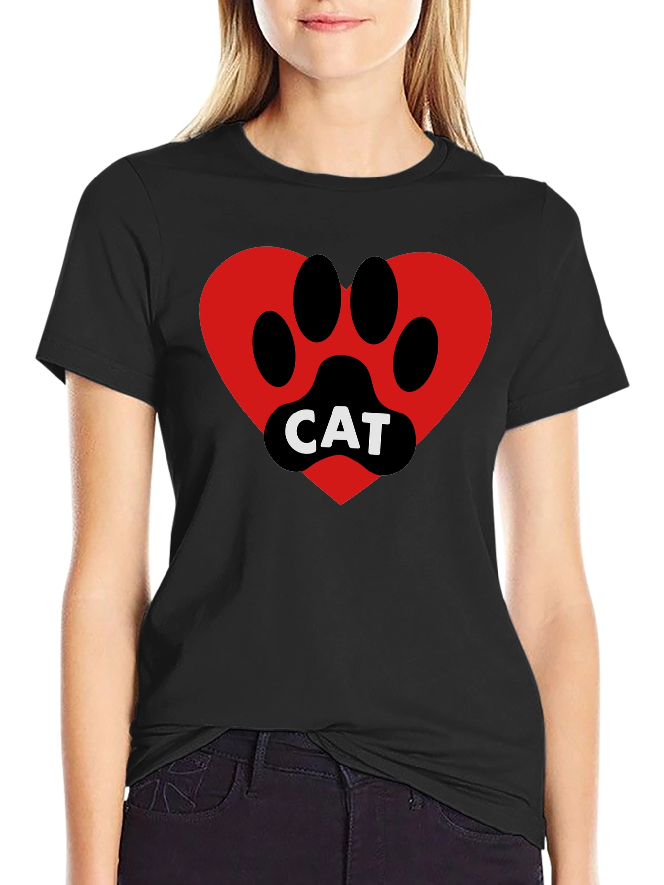 Cat Paw Heart T-Shirt - Black Cotton Blend Tee