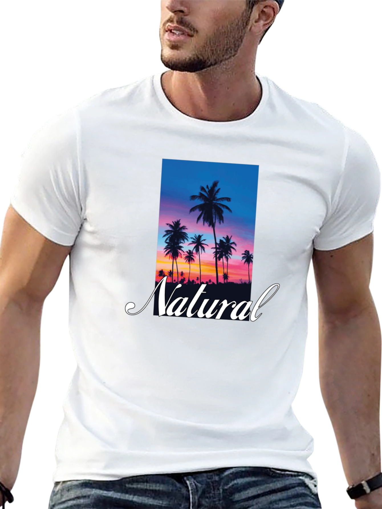 Tropical Sunset Palm Tree Natural T-Shirt