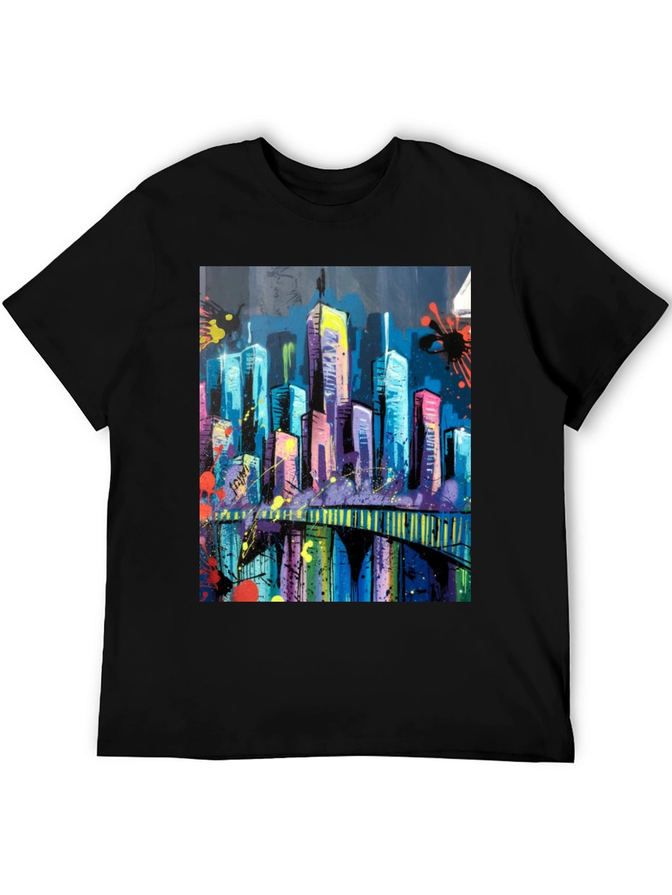 Vibrant Cityscape Graphic Black T-Shirt