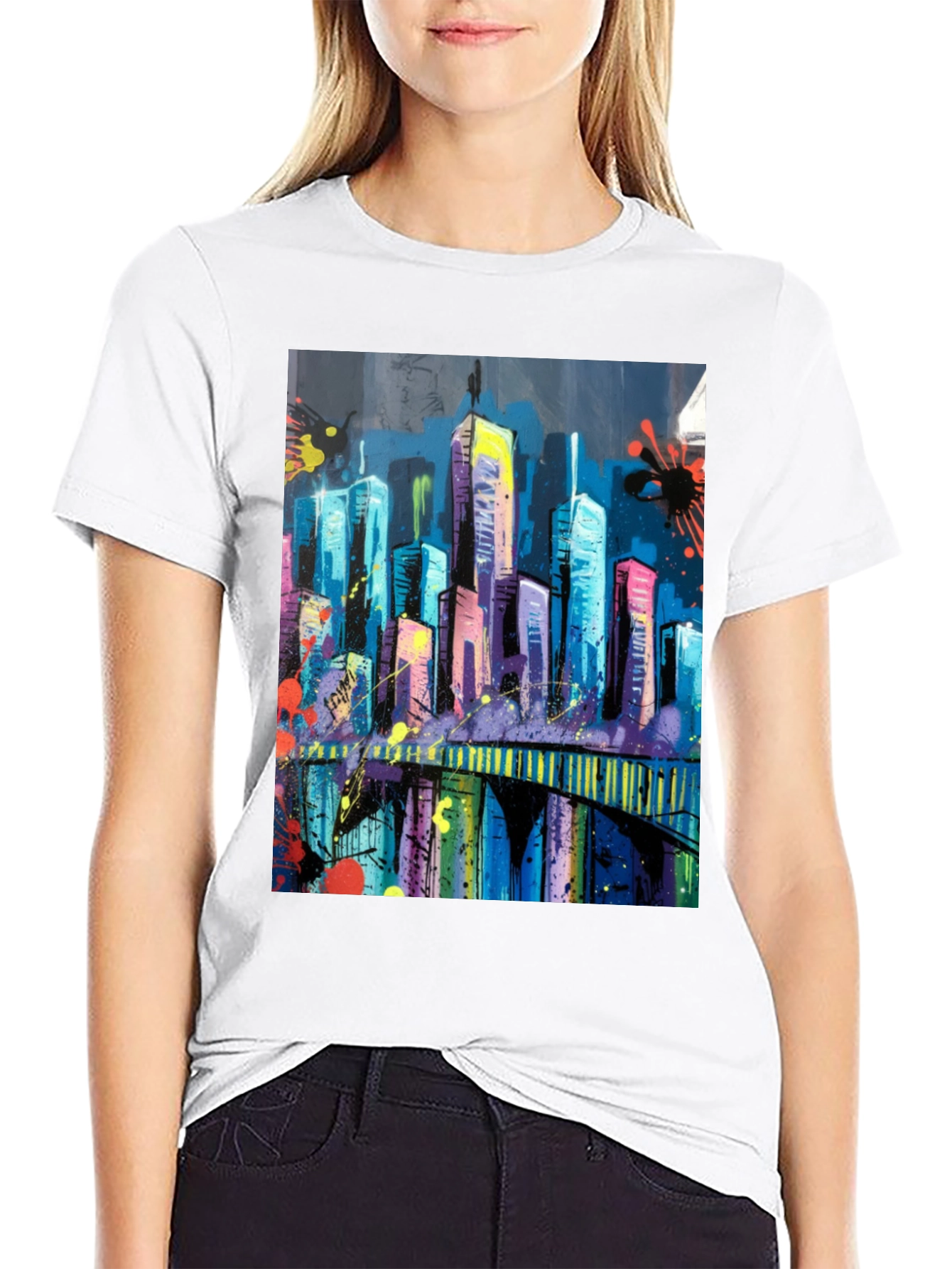 Vibrant Cityscape Graphic Black T-Shirt
