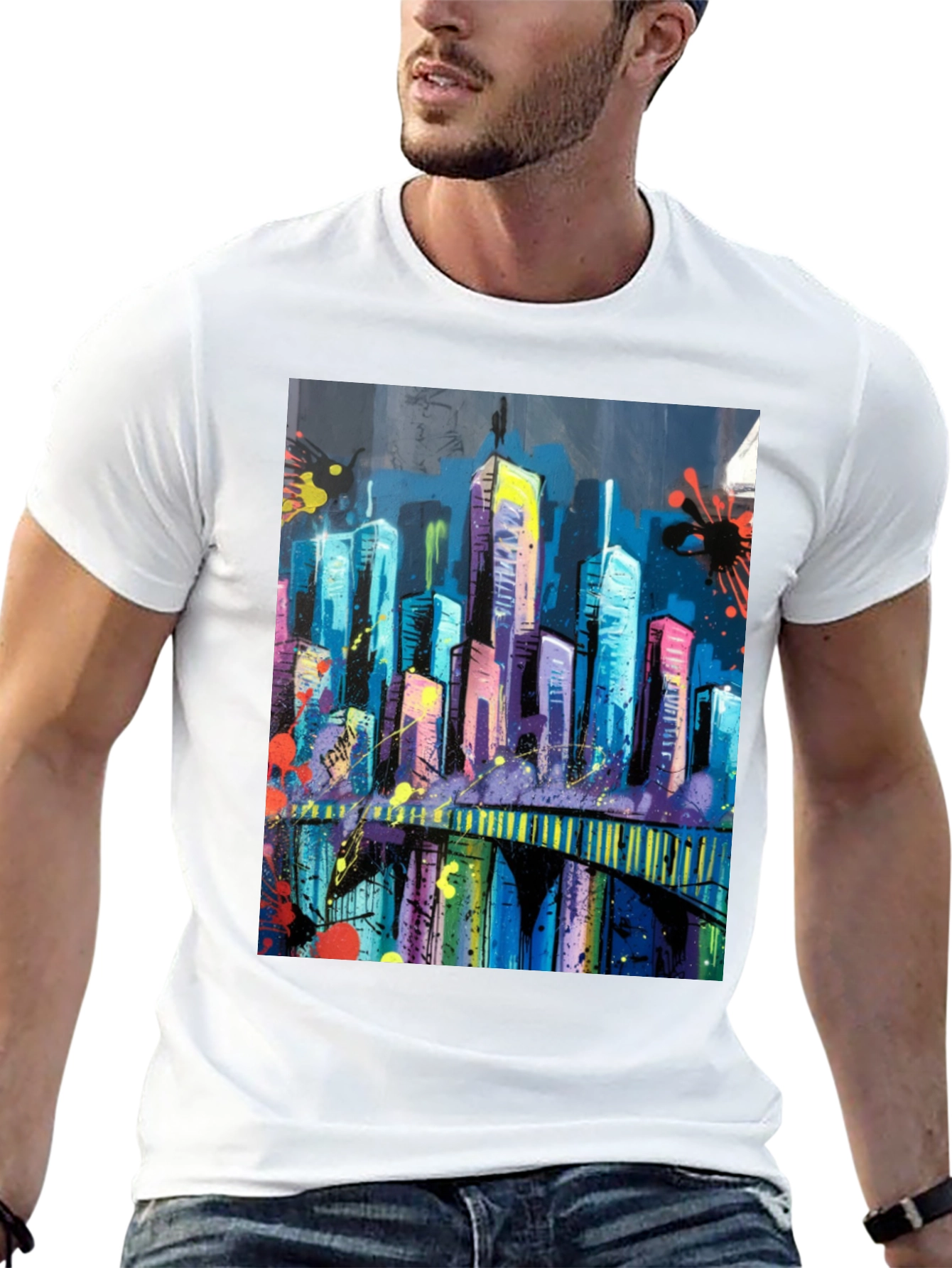 Vibrant Cityscape Graphic Black T-Shirt