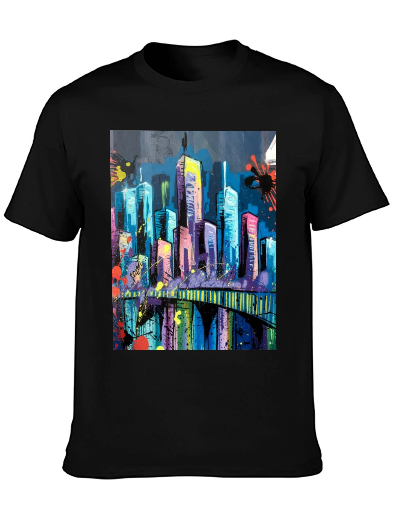 Vibrant Cityscape Graphic Black T-Shirt