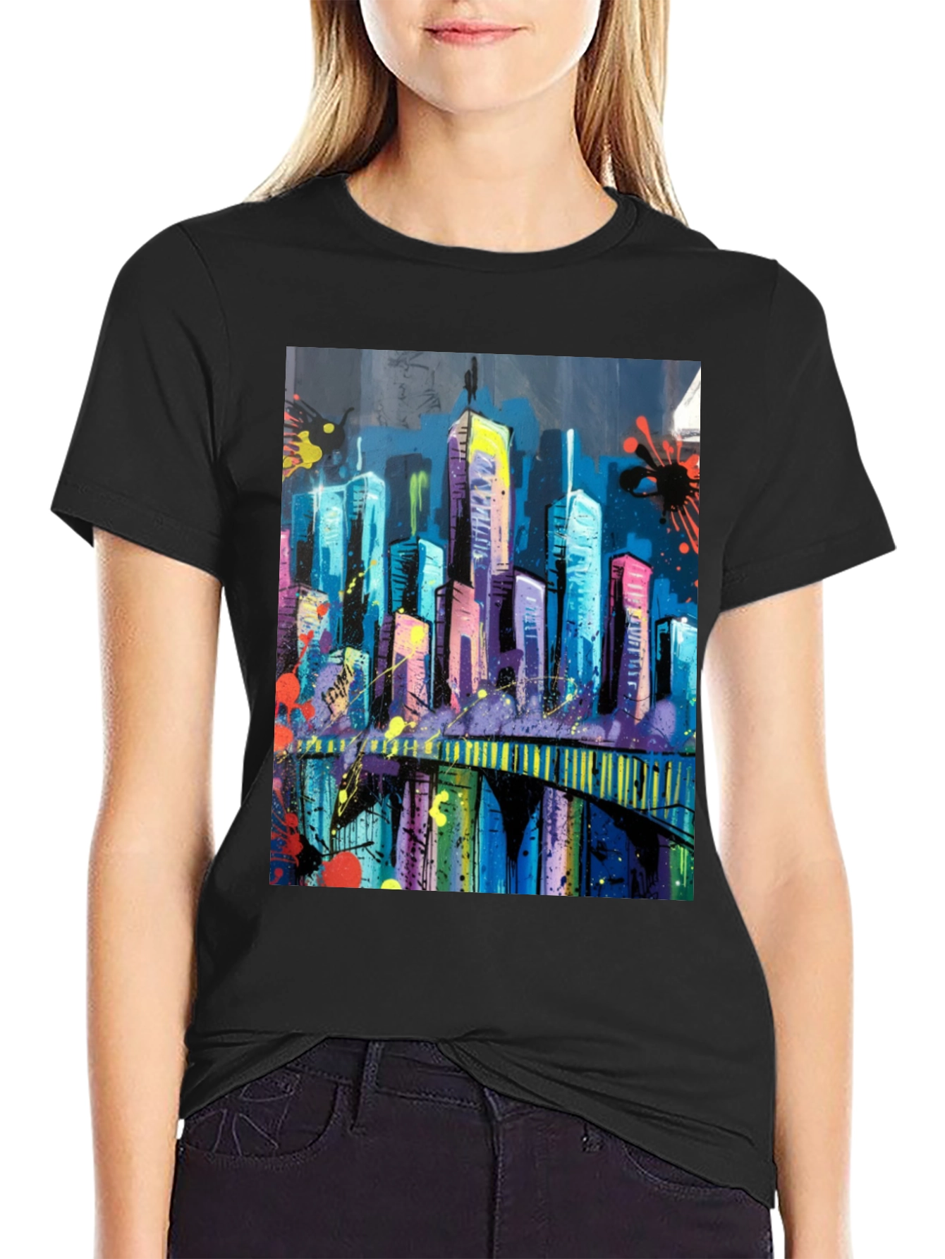Vibrant Cityscape Graphic Black T-Shirt