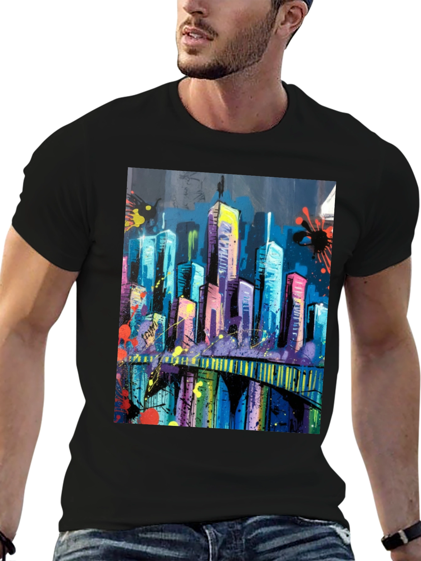Vibrant Cityscape Graphic Black T-Shirt