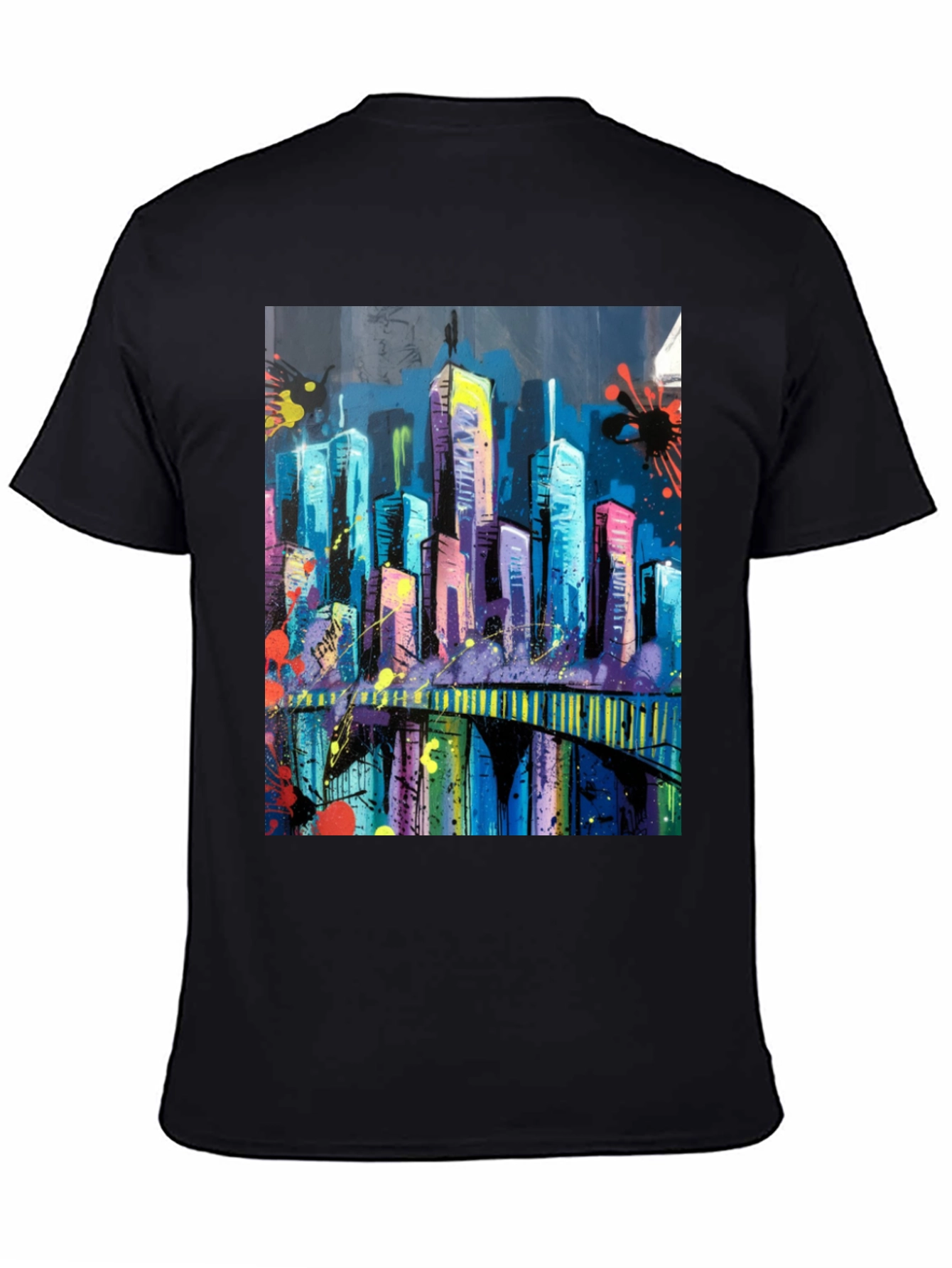 Vibrant Cityscape Graphic Black T-Shirt