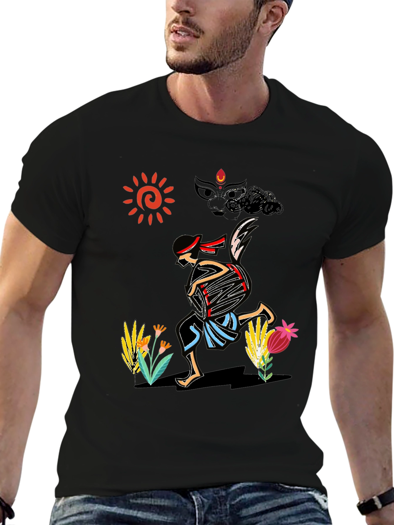 Ethnic Drummer Graphic Tee - Black Cotton Comfort