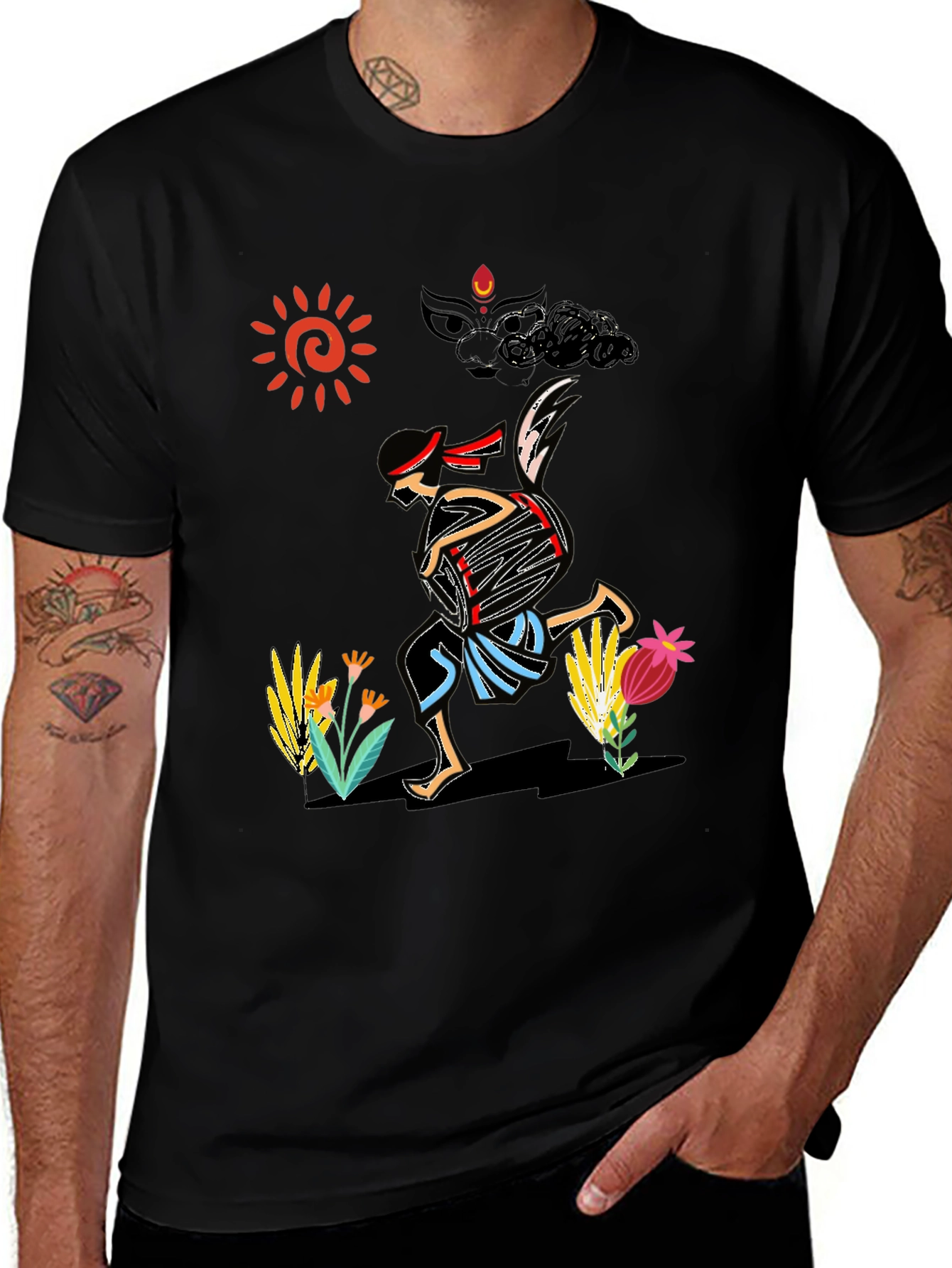 Ethnic Drummer Graphic Tee - Black Cotton Comfort