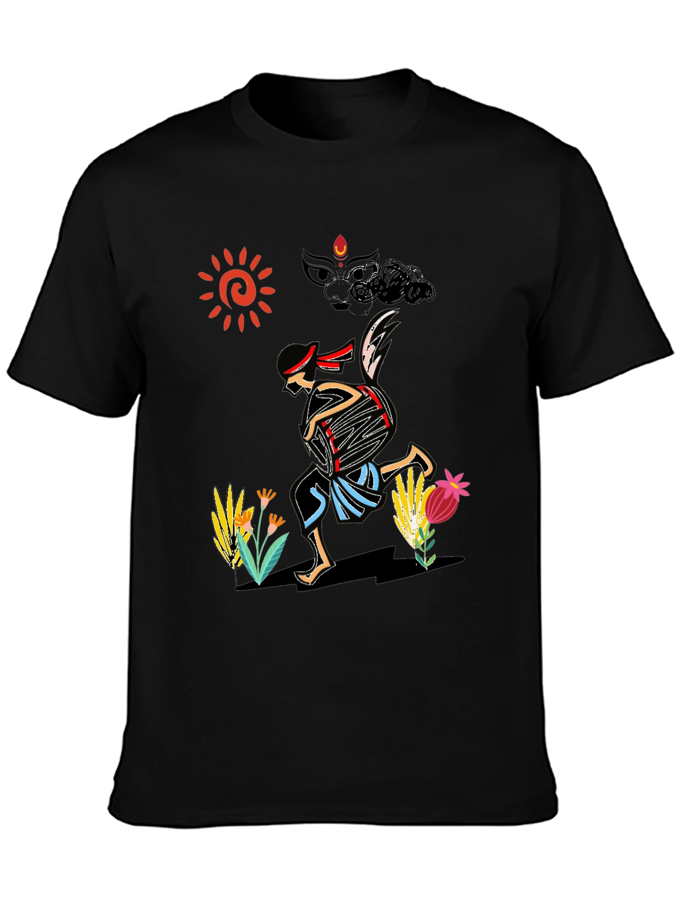 Ethnic Drummer Graphic Tee - Black Cotton Comfort