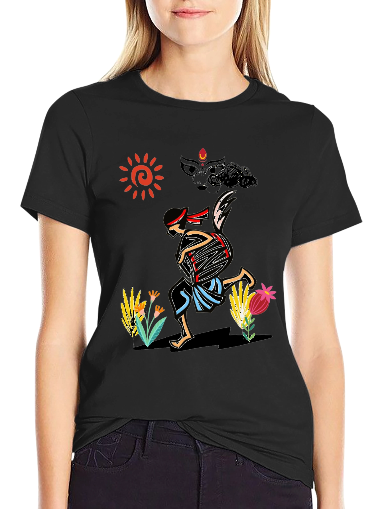 Ethnic Drummer Graphic Tee - Black Cotton Comfort