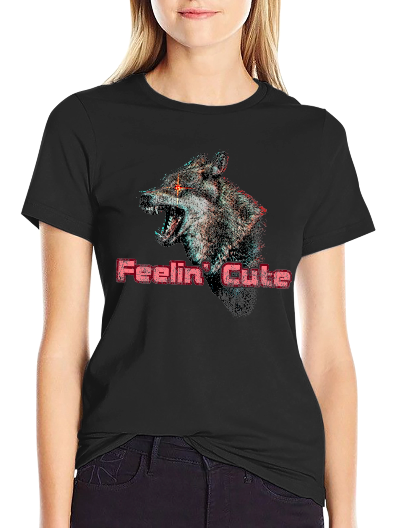 Feelin Cute Wolf Graphic T-Shirt - Black