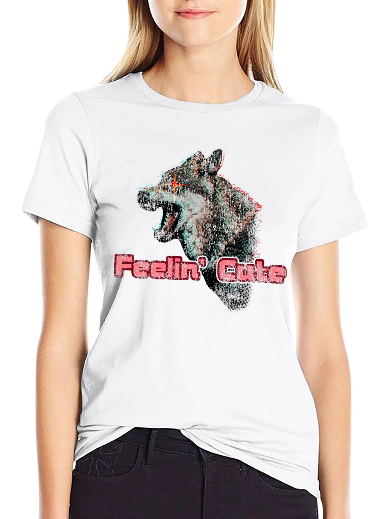 Feelin Cute Wolf Graphic T-Shirt - Black