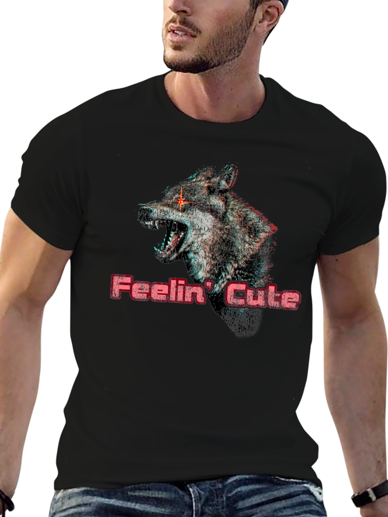 Feelin Cute Wolf Graphic T-Shirt - Black