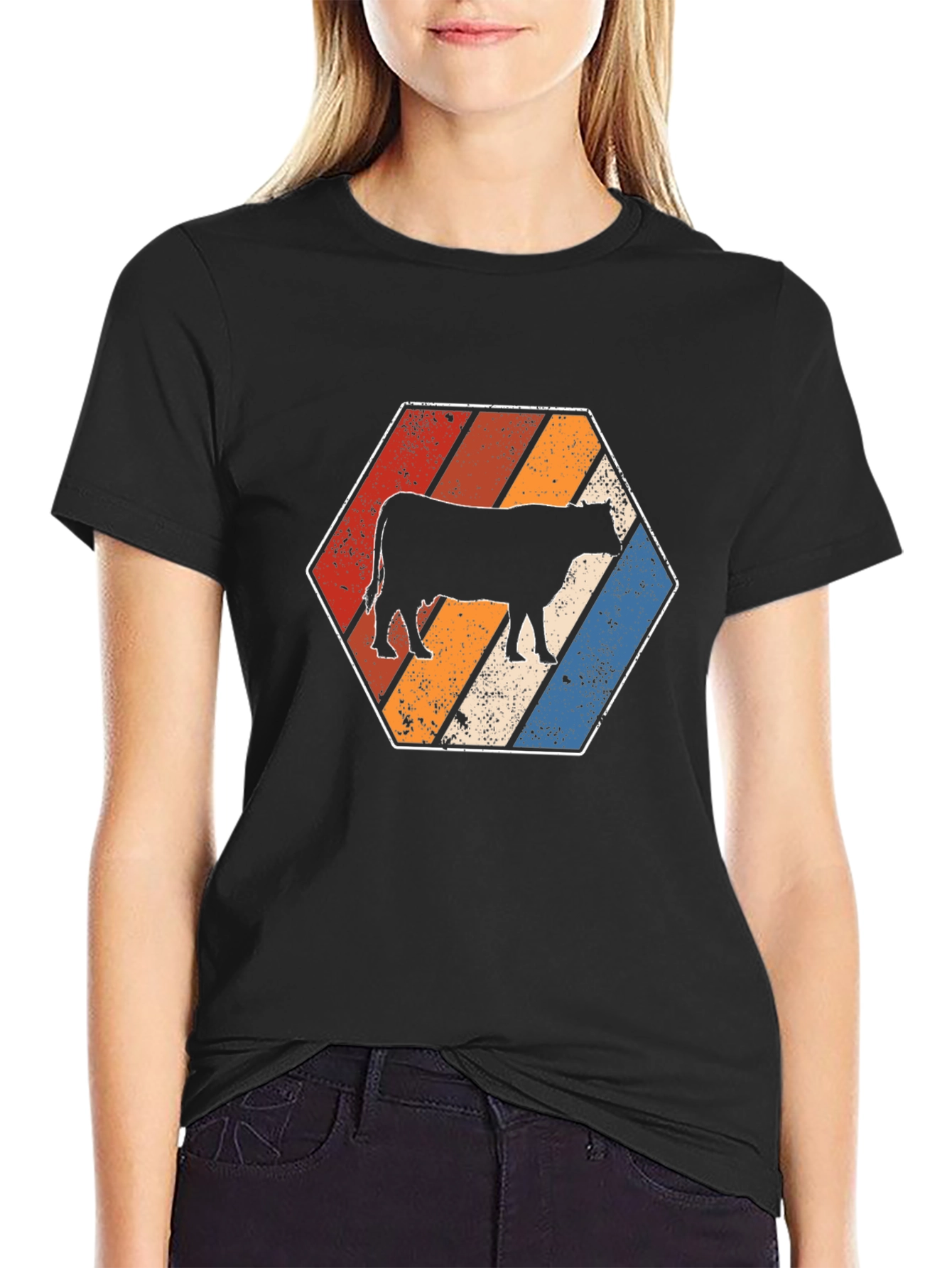 Retro Cow Graphic Tee - Black Cotton T-Shirt