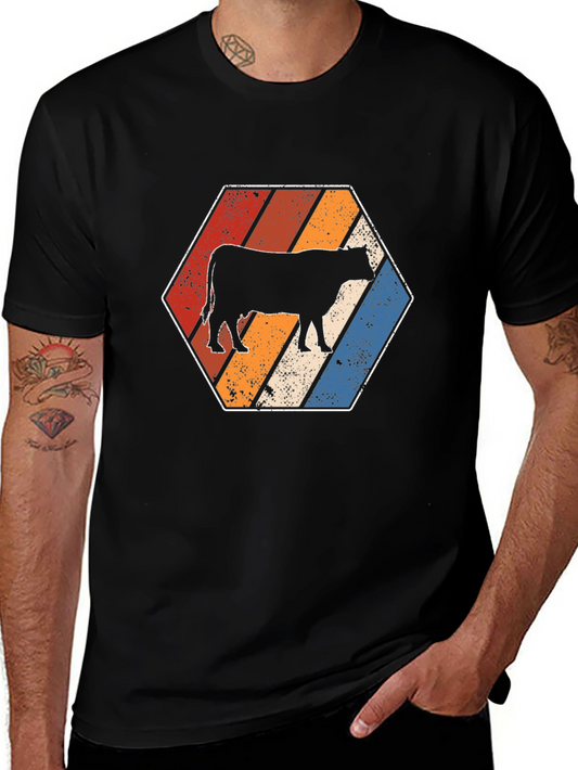 Retro Cow Graphic Tee - Black Cotton T-Shirt