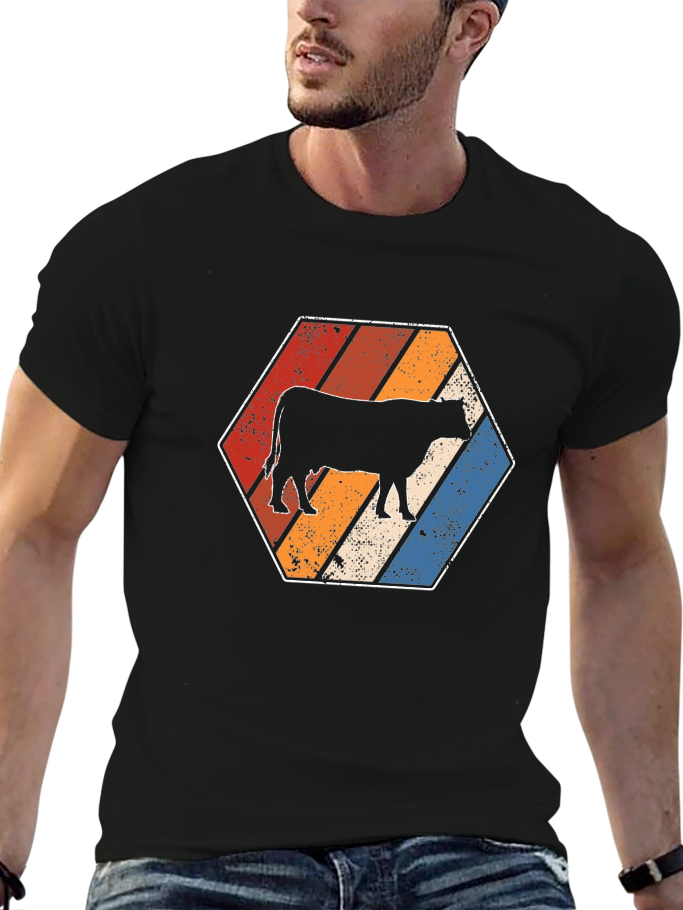 Retro Cow Graphic Tee - Black Cotton T-Shirt