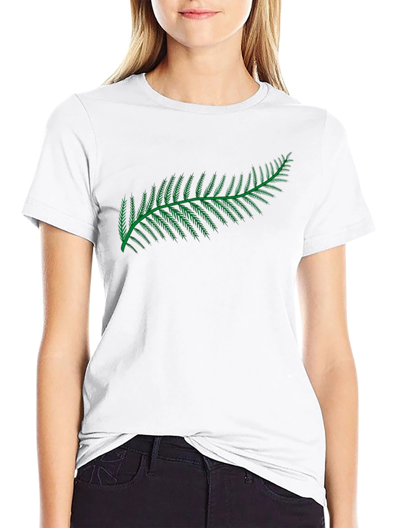 Black T-Shirt with Green Fern Design