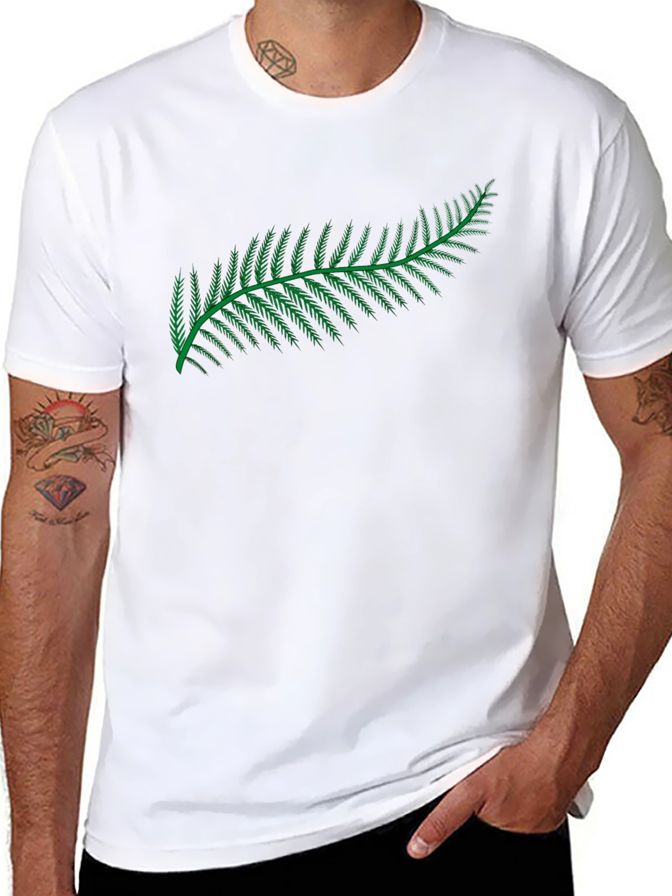 Black T-Shirt with Green Fern Design