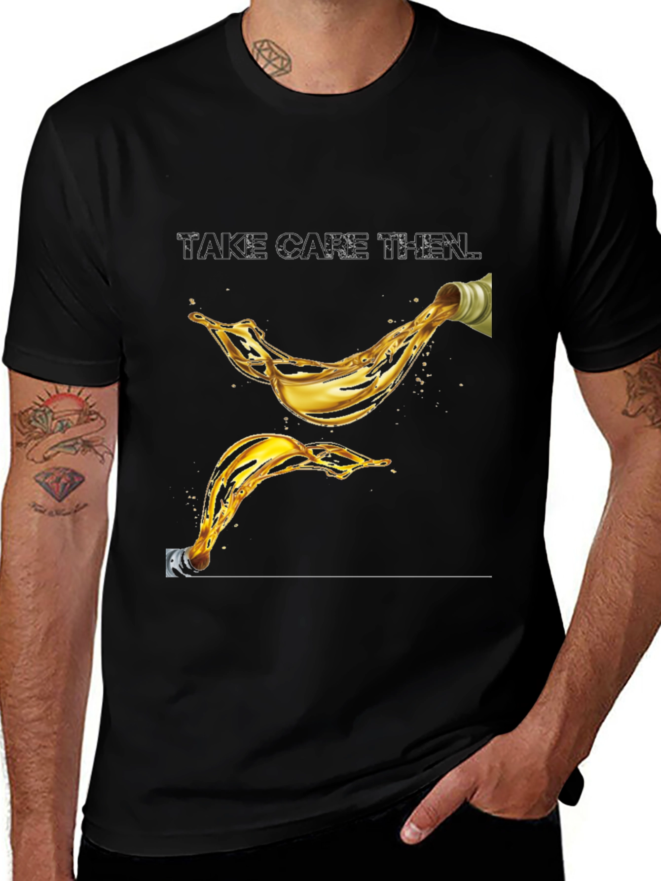 Take Care Then Oil Splash Graphic Black T-Shirt