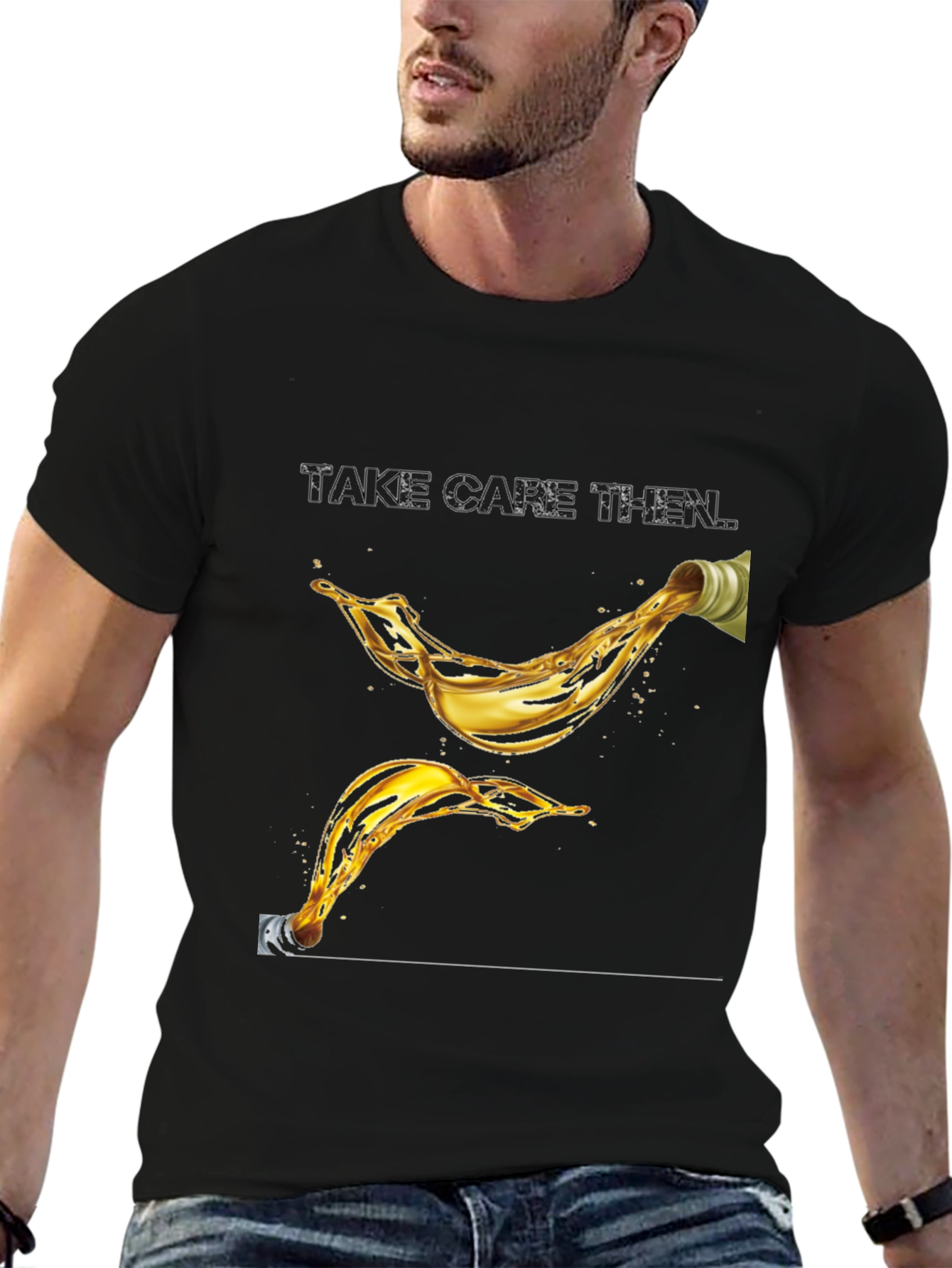 Take Care Then Oil Splash Graphic Black T-Shirt