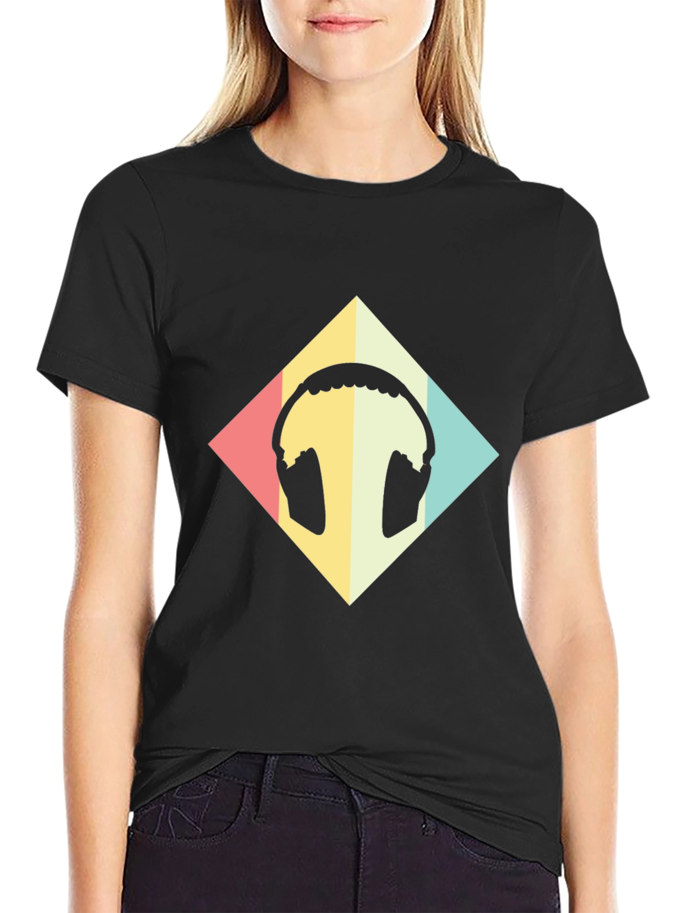 Retro Headphone Graphic Tee - Black Casual T-Shirt