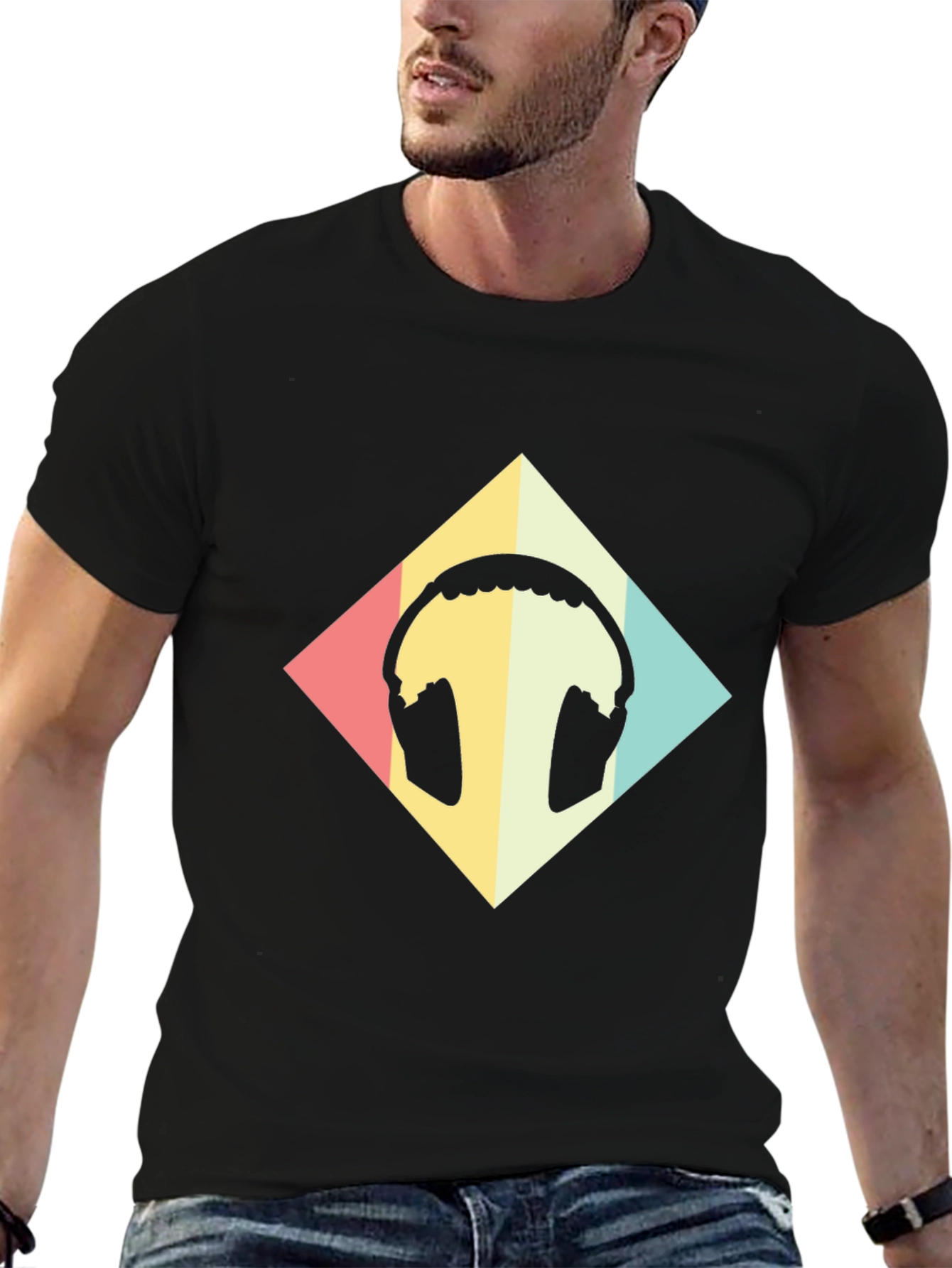 Retro Headphone Graphic Tee - Black Casual T-Shirt