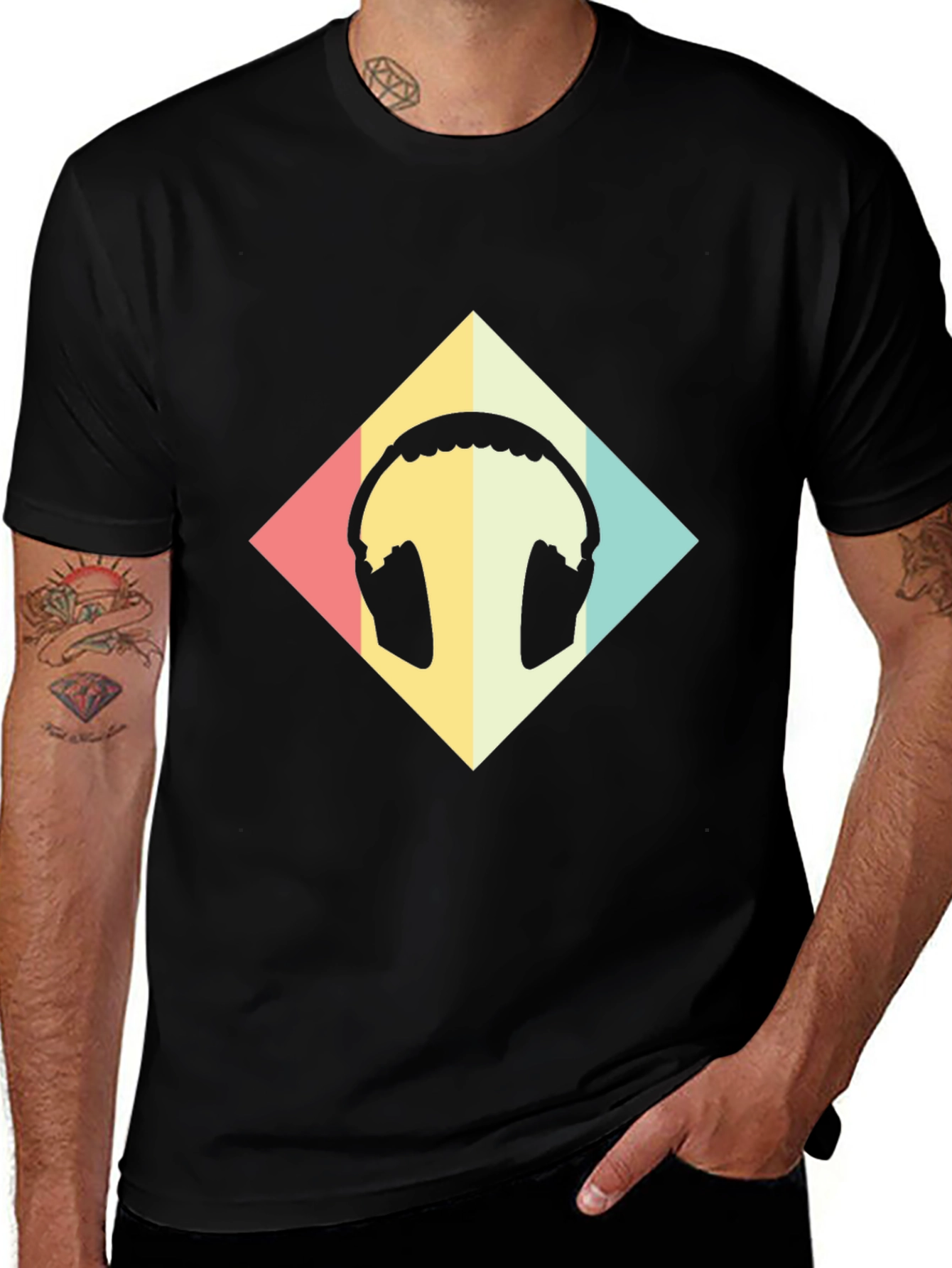 Retro Headphone Graphic Tee - Black Casual T-Shirt
