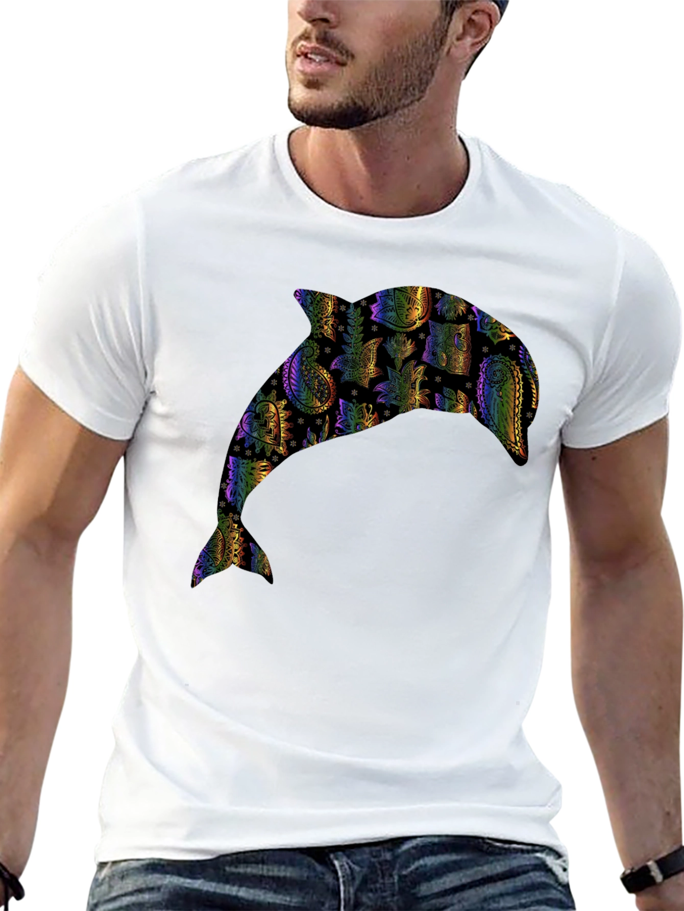 Rainbow Dolphin Graphic Black T-Shirt