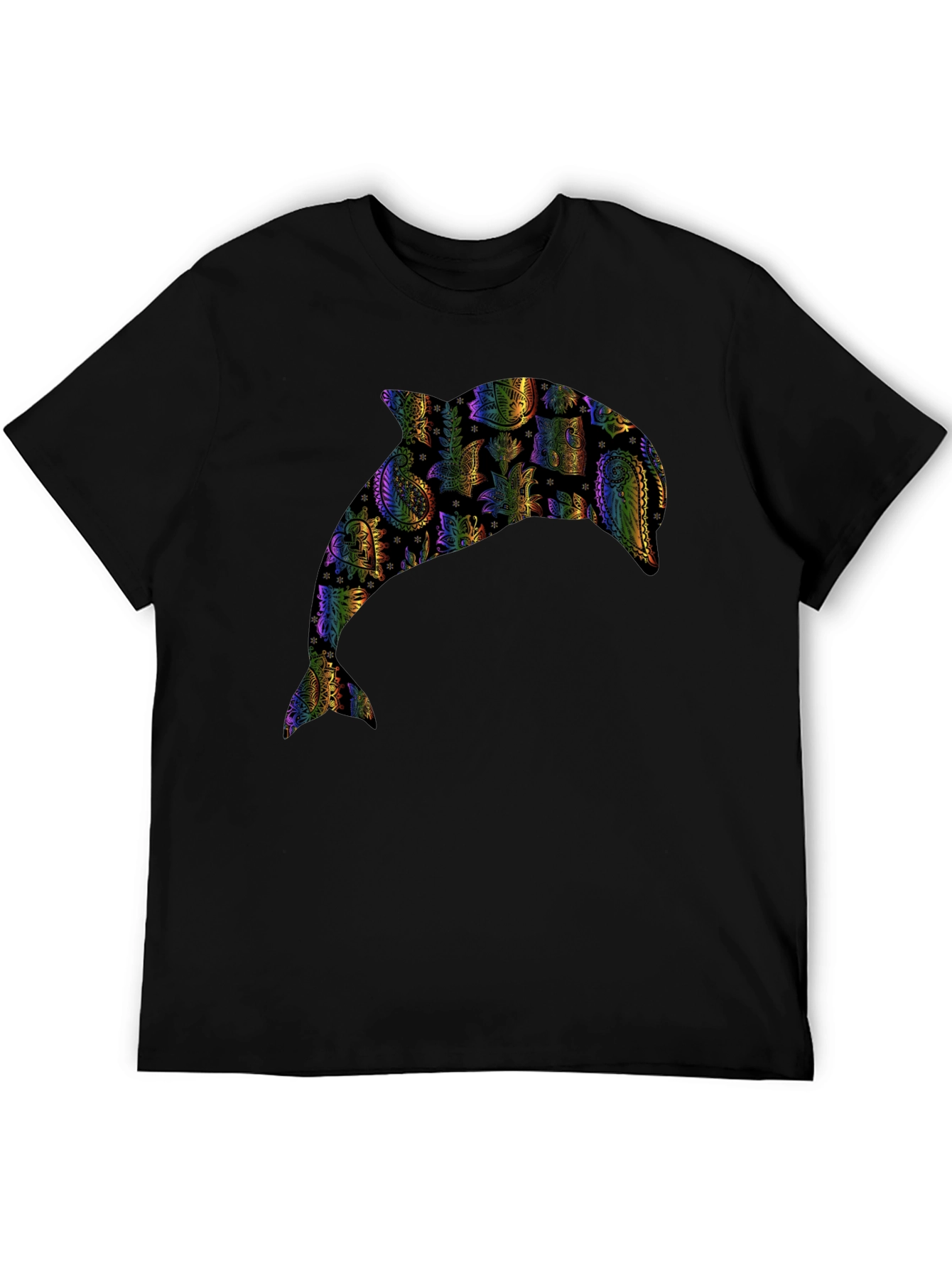Rainbow Dolphin Graphic Black T-Shirt
