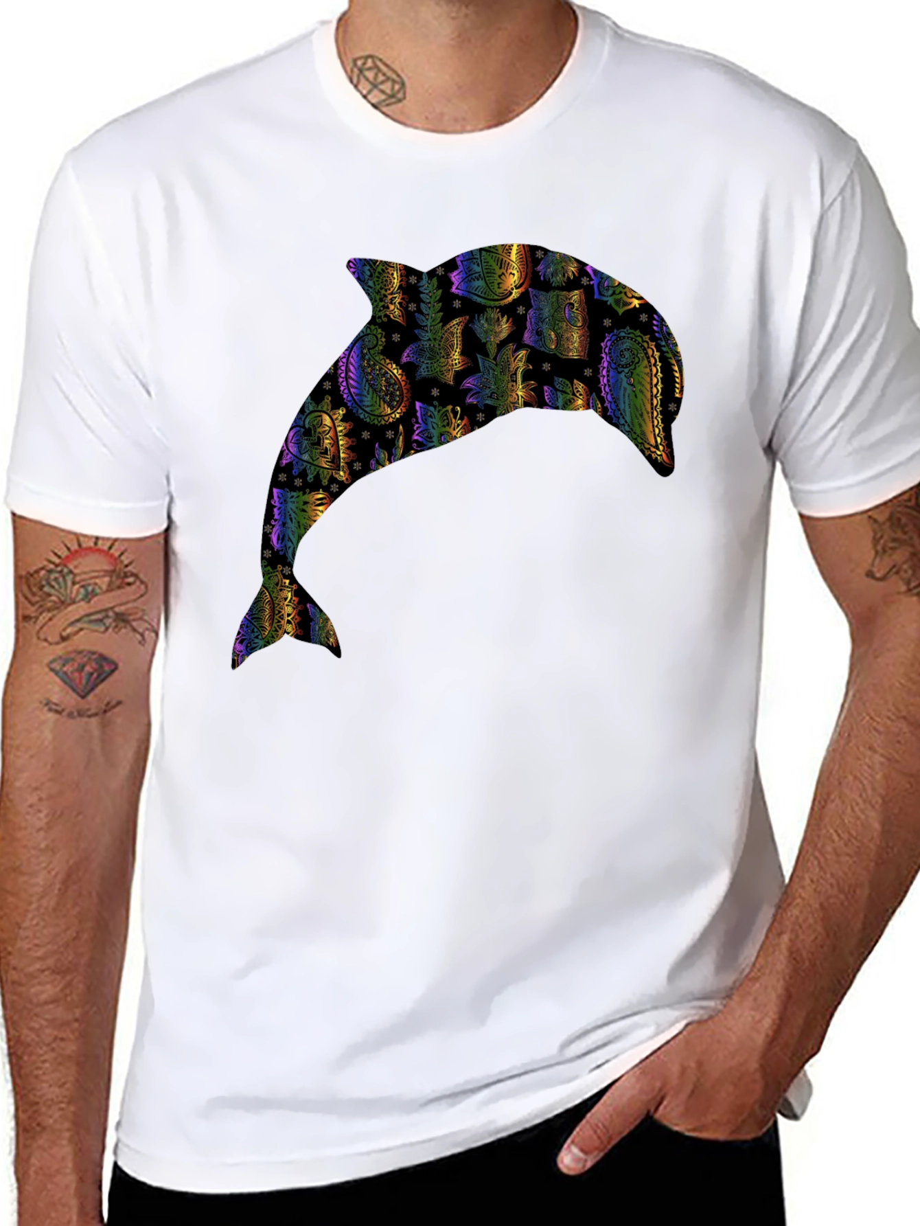 Rainbow Dolphin Graphic Black T-Shirt