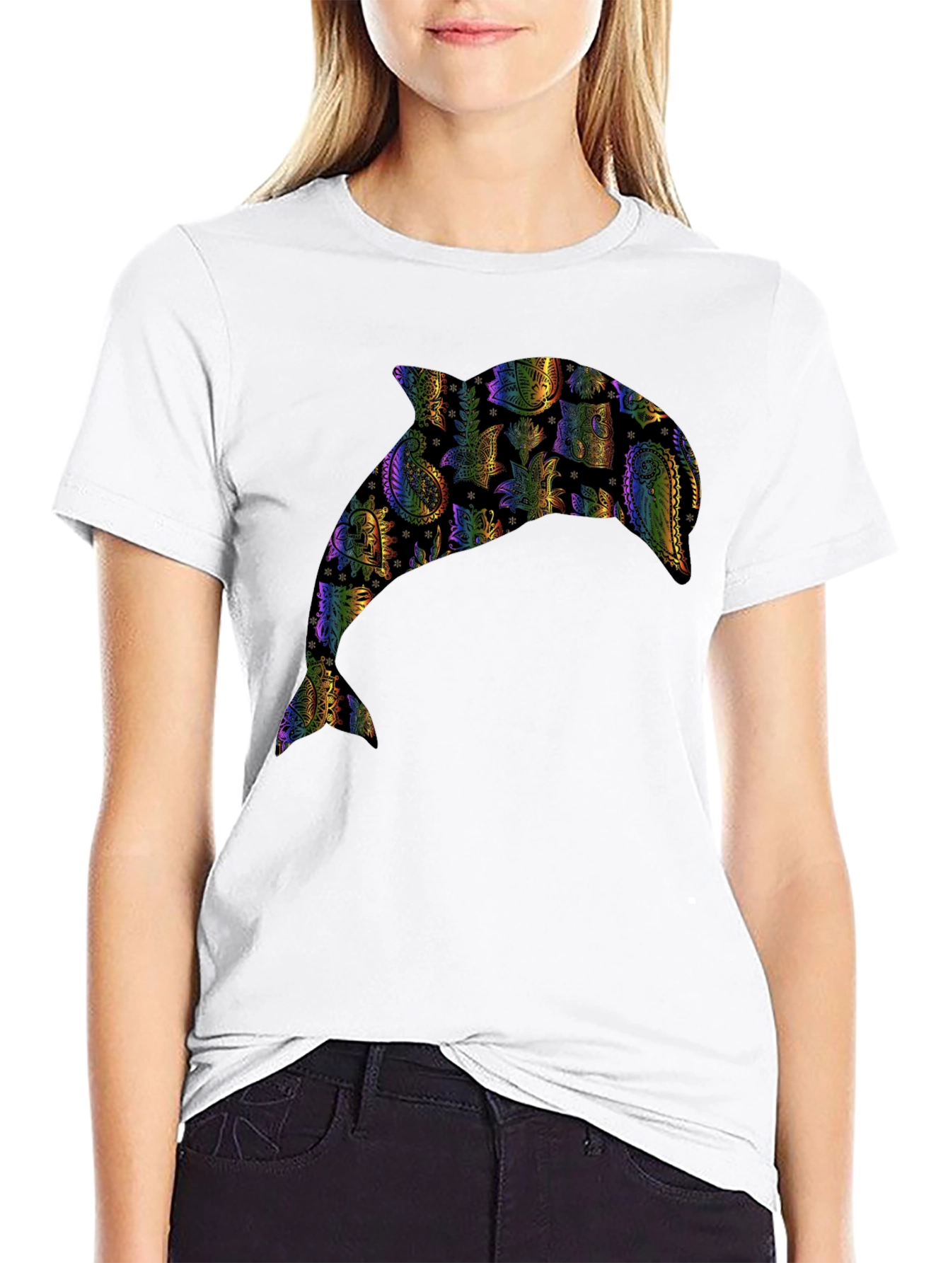 Rainbow Dolphin Graphic Black T-Shirt