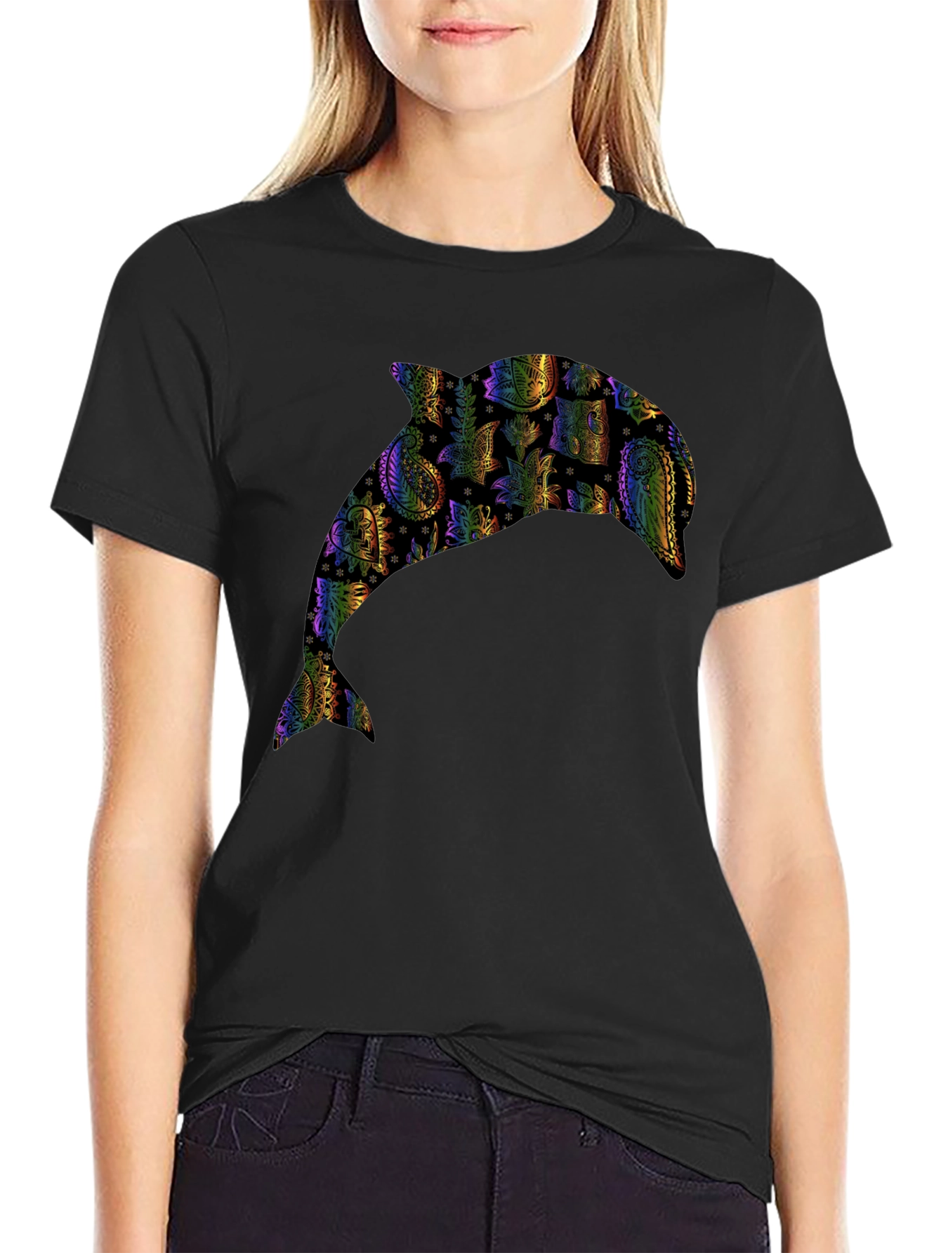 Rainbow Dolphin Graphic Black T-Shirt