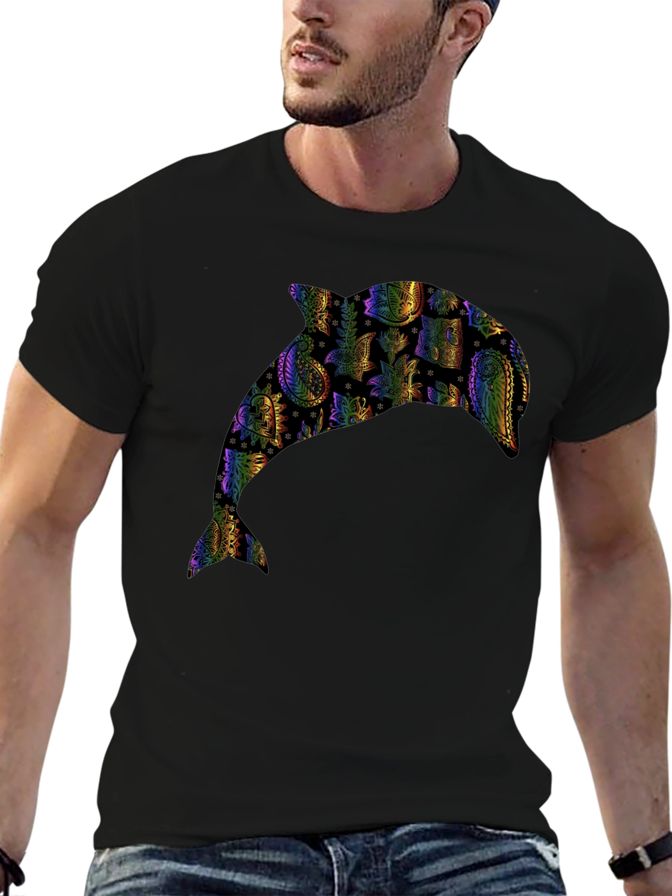 Rainbow Dolphin Graphic Black T-Shirt