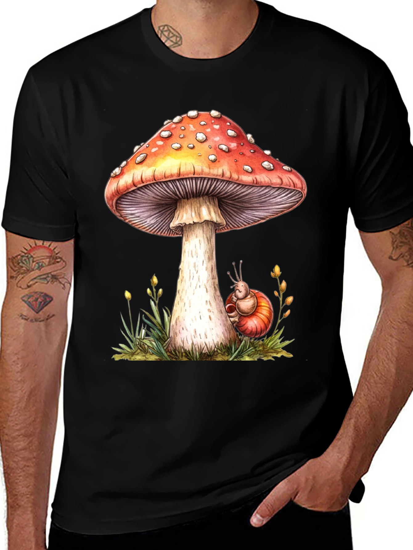 Mushroom & Snail Graphic Tee - Nature Lovers Shirt