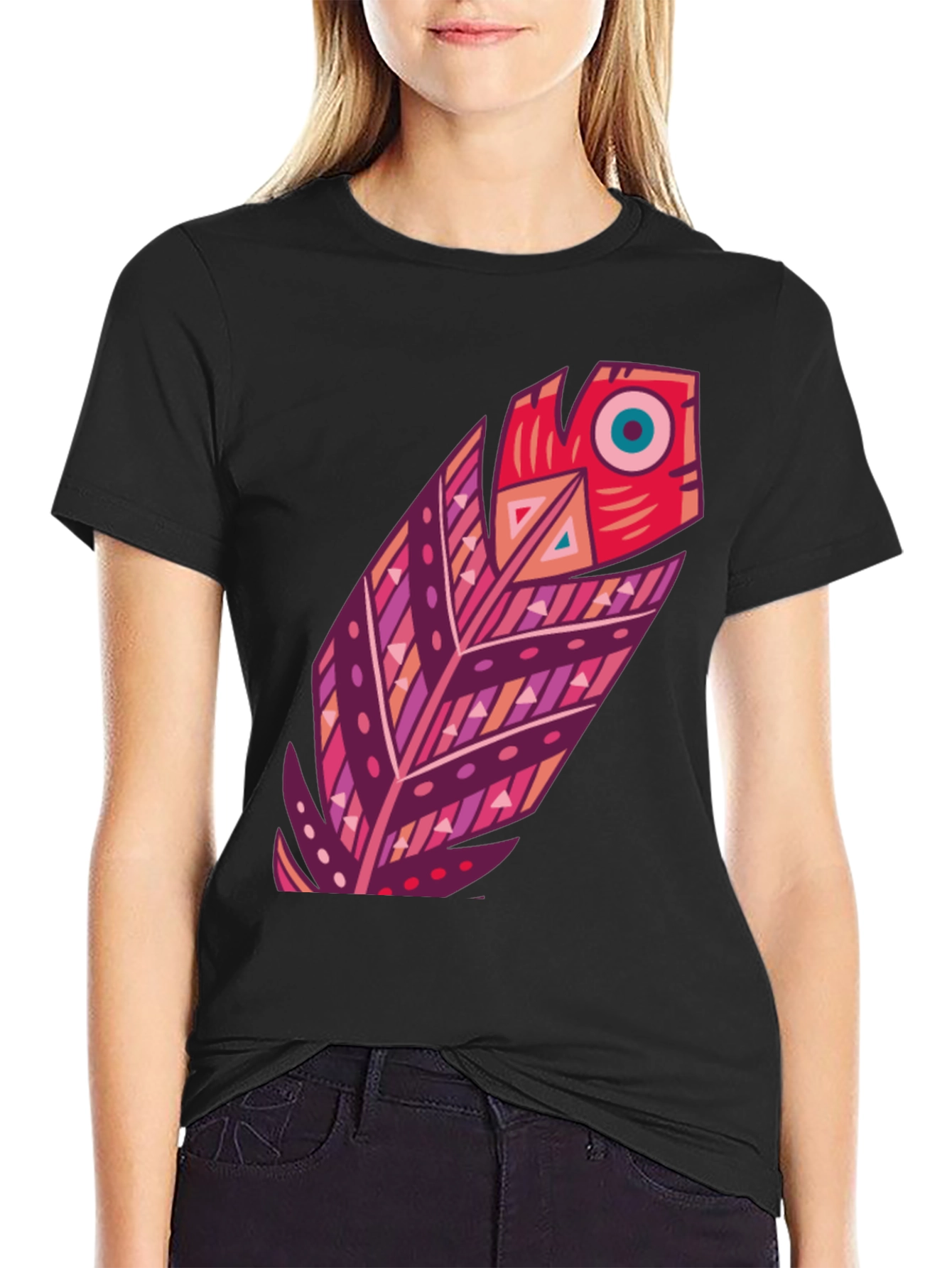 Boho Feather Graphic Black Tee - Stylish Casual Wear