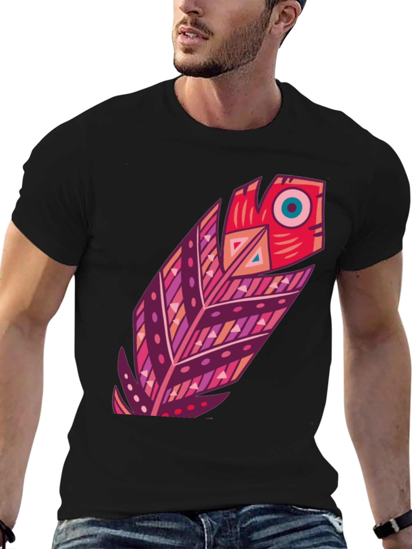 Boho Feather Graphic Black Tee - Stylish Casual Wear