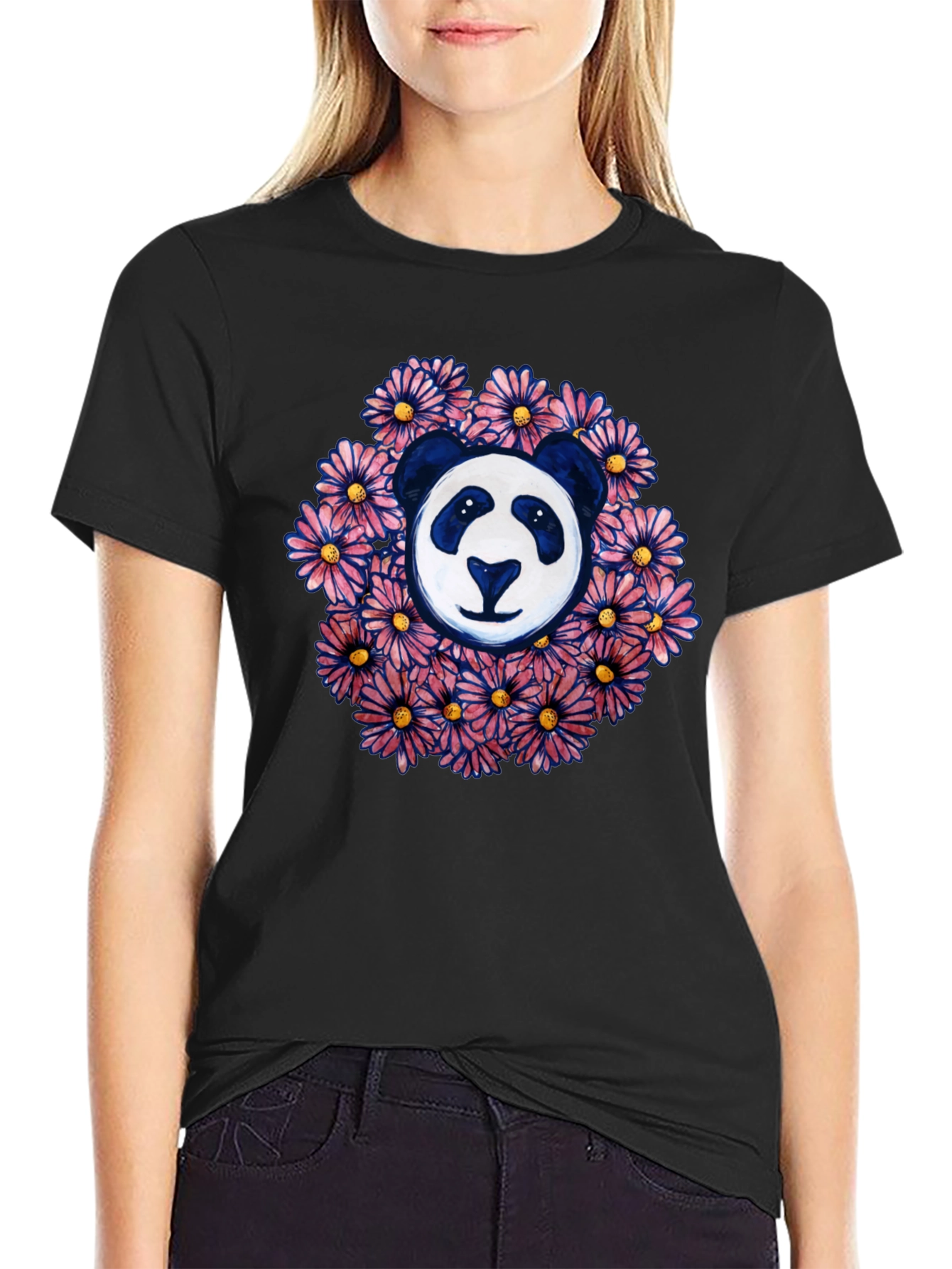 Panda Surrounded by Flowers Graphic T-Shirt