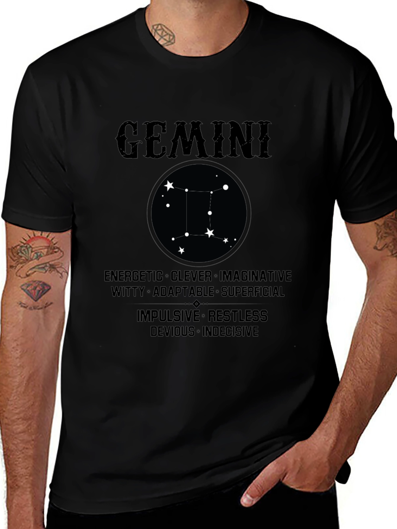 Gemini Zodiac Black T-Shirt - Energetic Clever Design