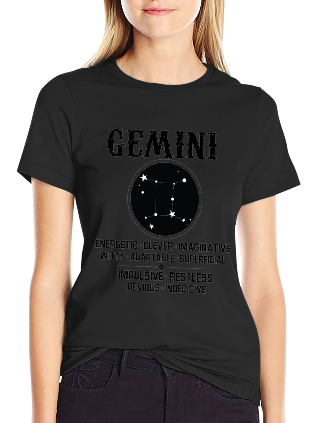 Gemini Zodiac Black T-Shirt - Energetic Clever Design