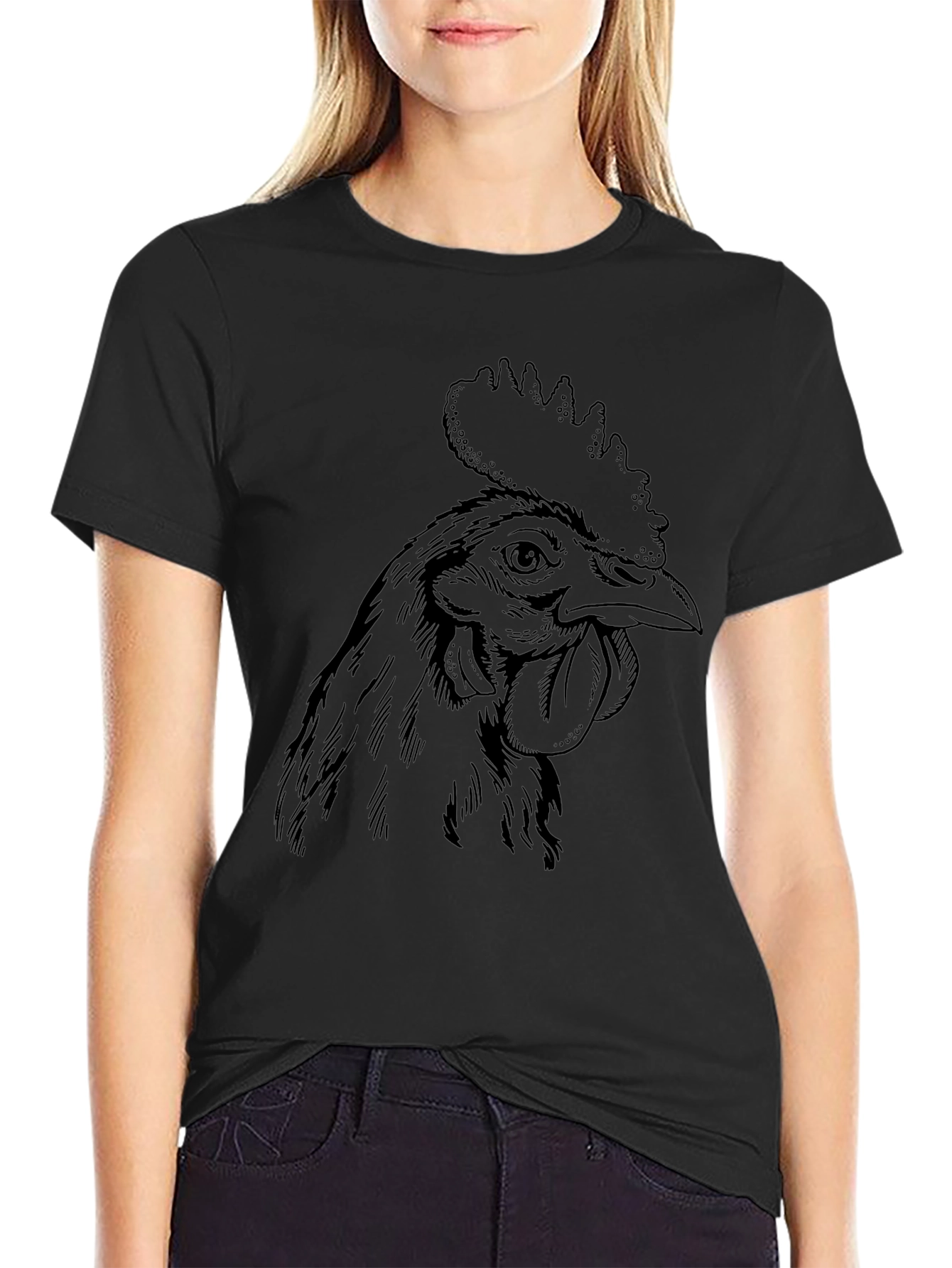 Rooster Graphic Tee - Black Cotton T-Shirt