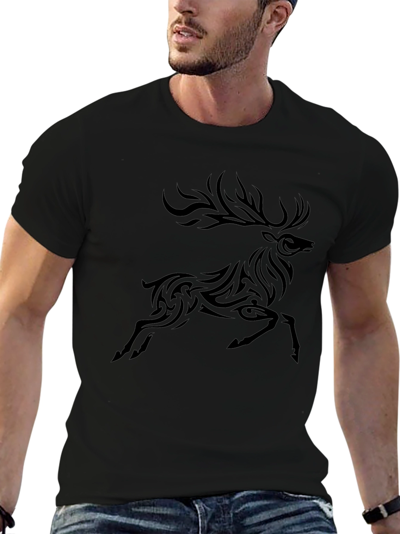 Tribal Deer Graphic Black T-Shirt