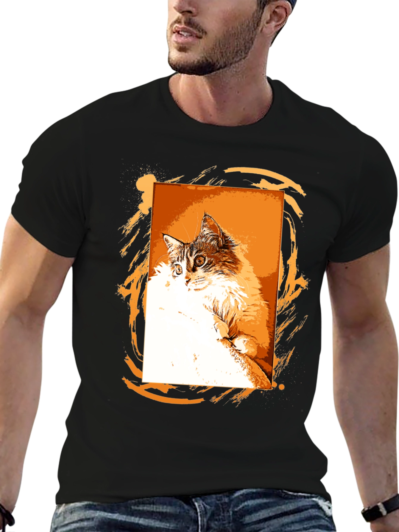 Cat Graphic Print Black T-Shirt